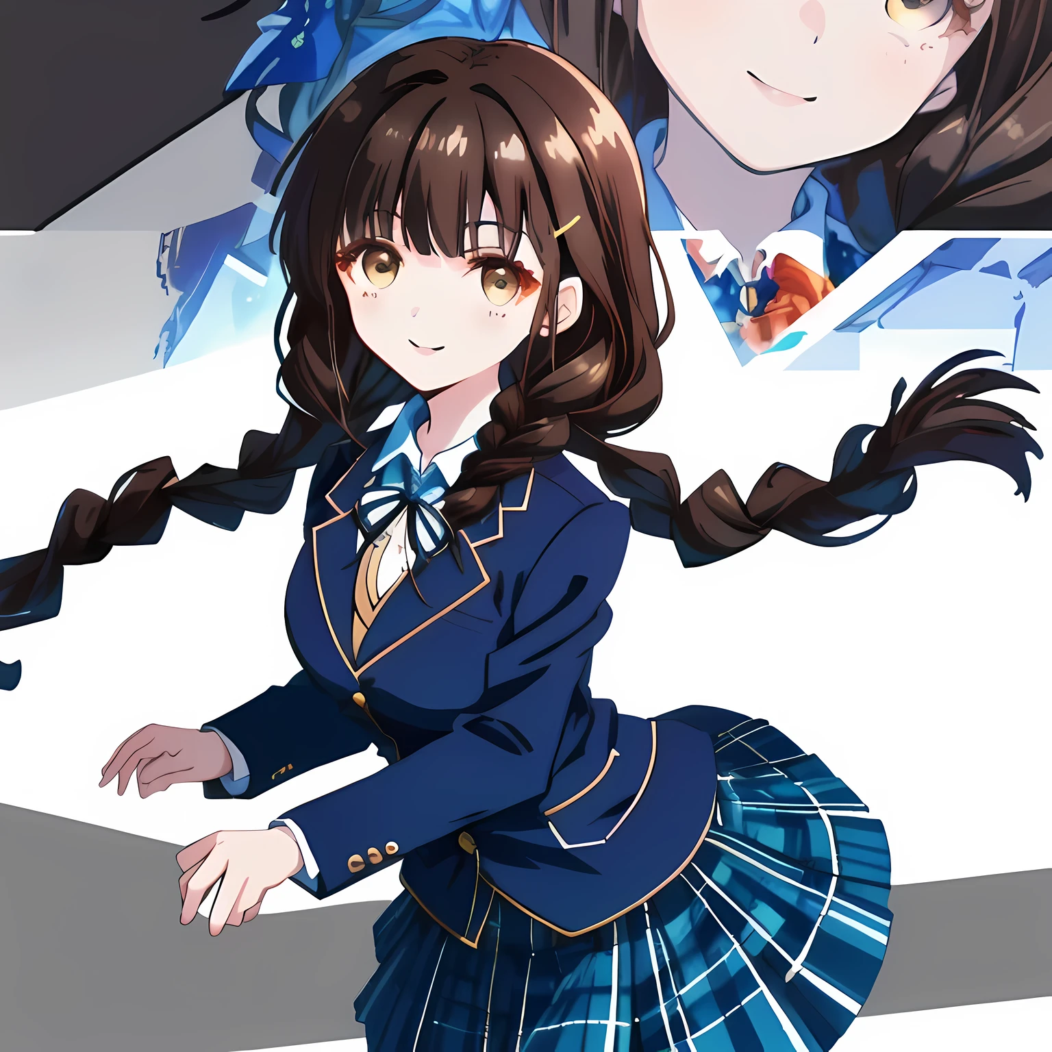 highest quality, (masterpiece:1.2), High resolution, perfect pixel, very detailed,thin sharp lines, ((smooth texture:1.2, Anime CG style)), ((only one girl)), A very neat girl looks at the viewer and smiles, glossy lips, Neat and nice smile, big brown eyes, (((dark brown hair))), 15 years old, big shiny hair clip, , ((Dark blue blazer with golden emblem on the left chest)), ((Japanese style school butterfly ribbon with large navy blue stripes on the chest)), very shiny hair、laughter、bright look、Both face and hair catch the light and shine, Cute braids, (((a pair of dark brown tightly braids hair style))), ((((dark blue & deep navy colored tartan checkered middle long skirt)))), the skirt is very cute, brown leather shoes, white socks, 