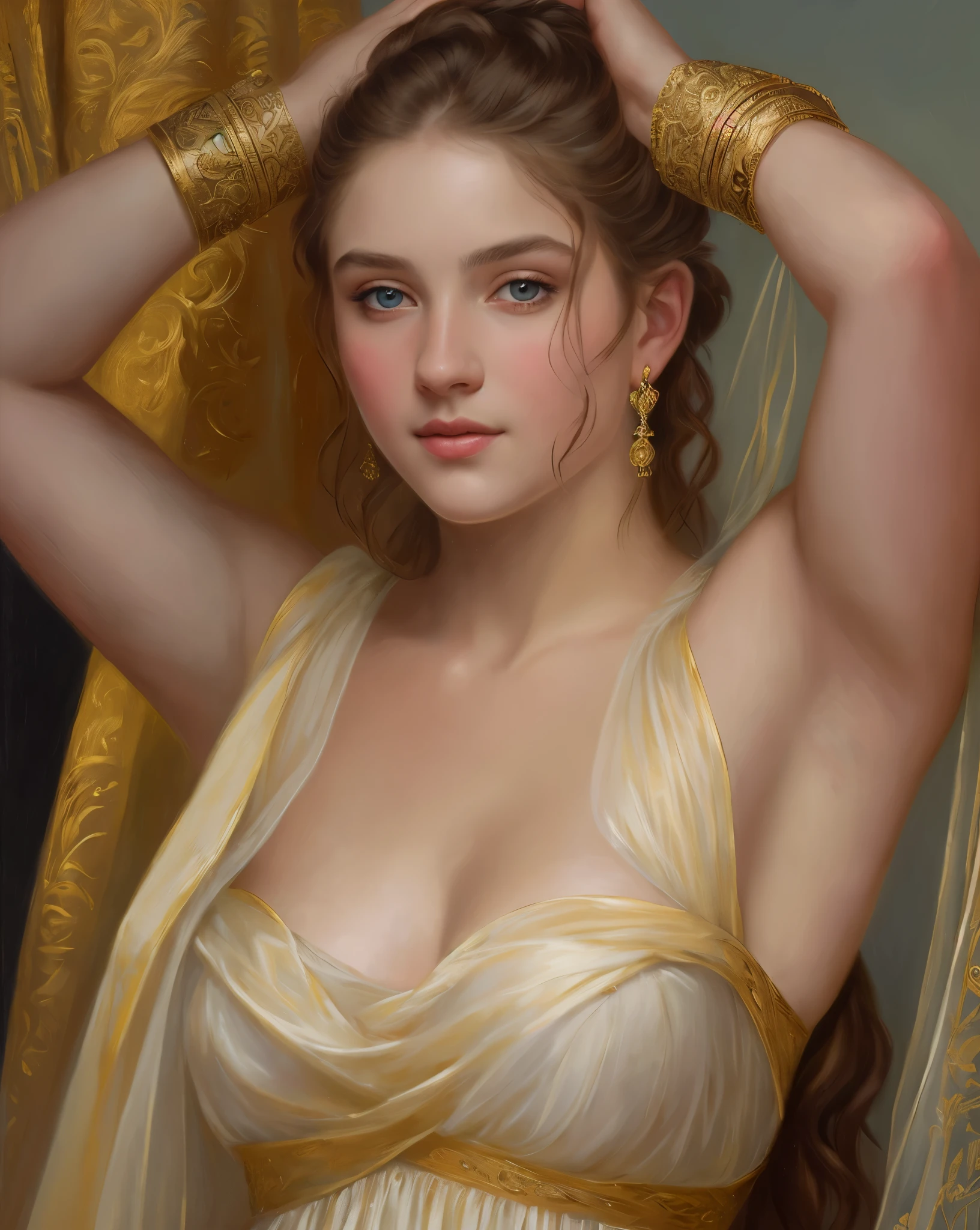 portrait, girl, middle ages, classicism, andrey atroshenko style, painting, pierced eyes, beautifully styled hair, traditional media, realistic, figurative, fine art, oil on canvas, HDR, 8K, original character, high resolution, high detail, focus on the face, beautiful eyes , perfect fingers, intricate details,