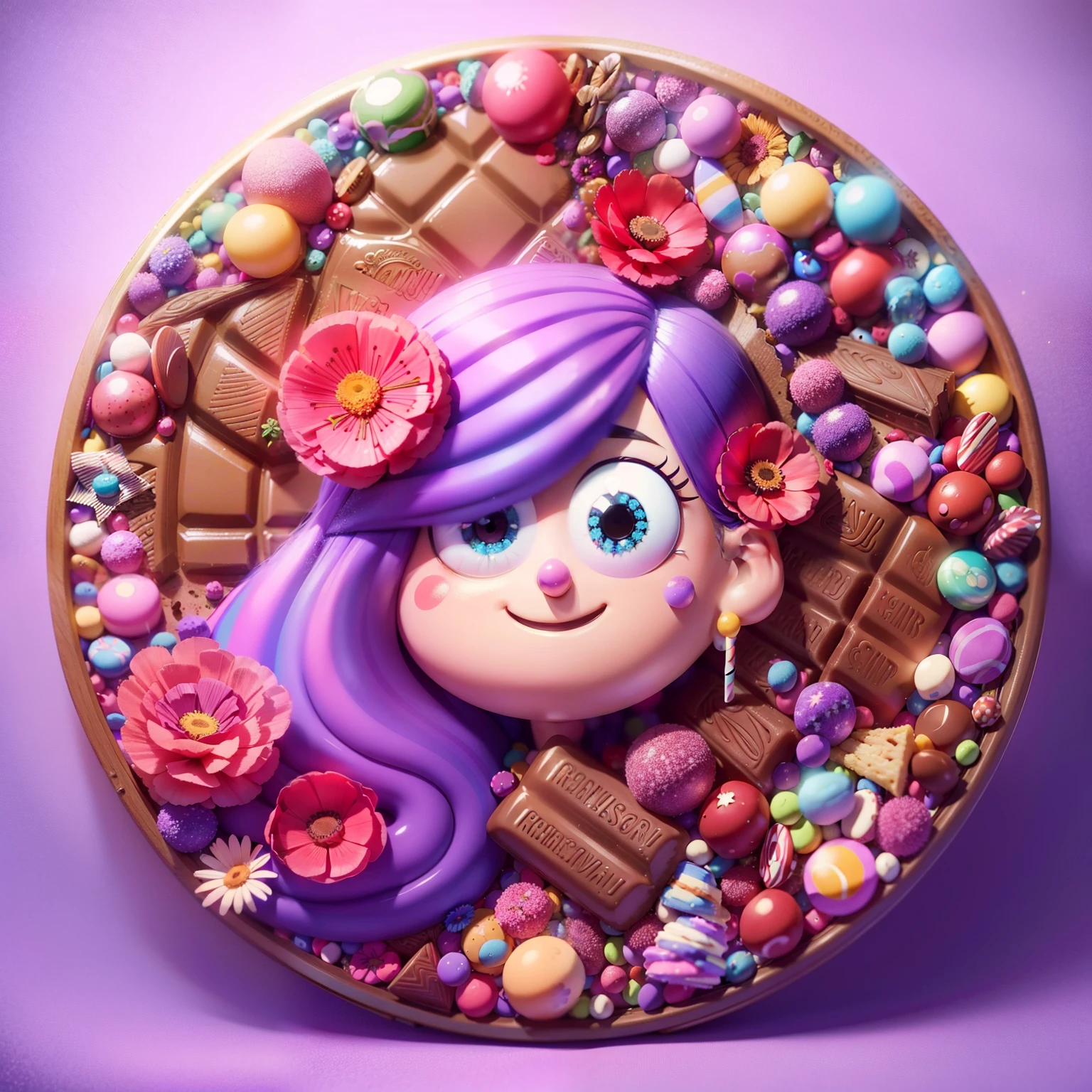 Inside Round border, Round candy frame against purple background, Mable from Gravity Falls, chocolate bar, colorful hair, poppies, daisies, candies, glitter, best quality, pastel colors, Gravity Falls cartoon style, ((ultra-detailed)), depth of field, sharp focus, vibrant colors, realistic lighting, detailed shadows, 4k, 8k, HD
