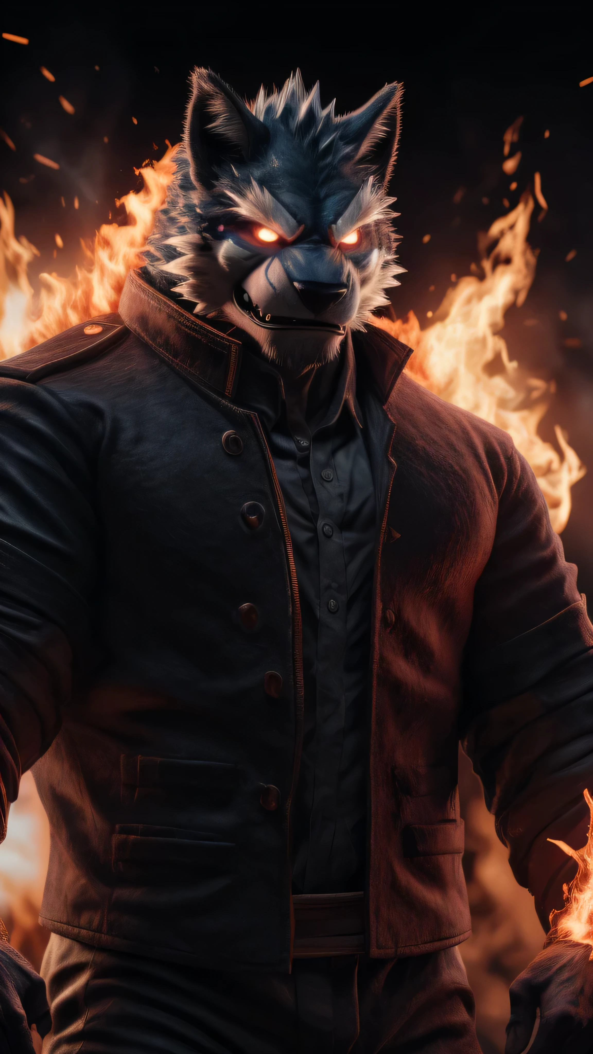 (best quality,8k,highres,masterpiece:1.2),ultra-detailed,(photorealistic:1.37),(the ultimate Orochi argo),red glowing eyes,staring at the viewer,detailed facial features,same design as Iori Yagami,background from The King of Fighters XV,fiery background,serious expression,on a realistic face,in 8k.