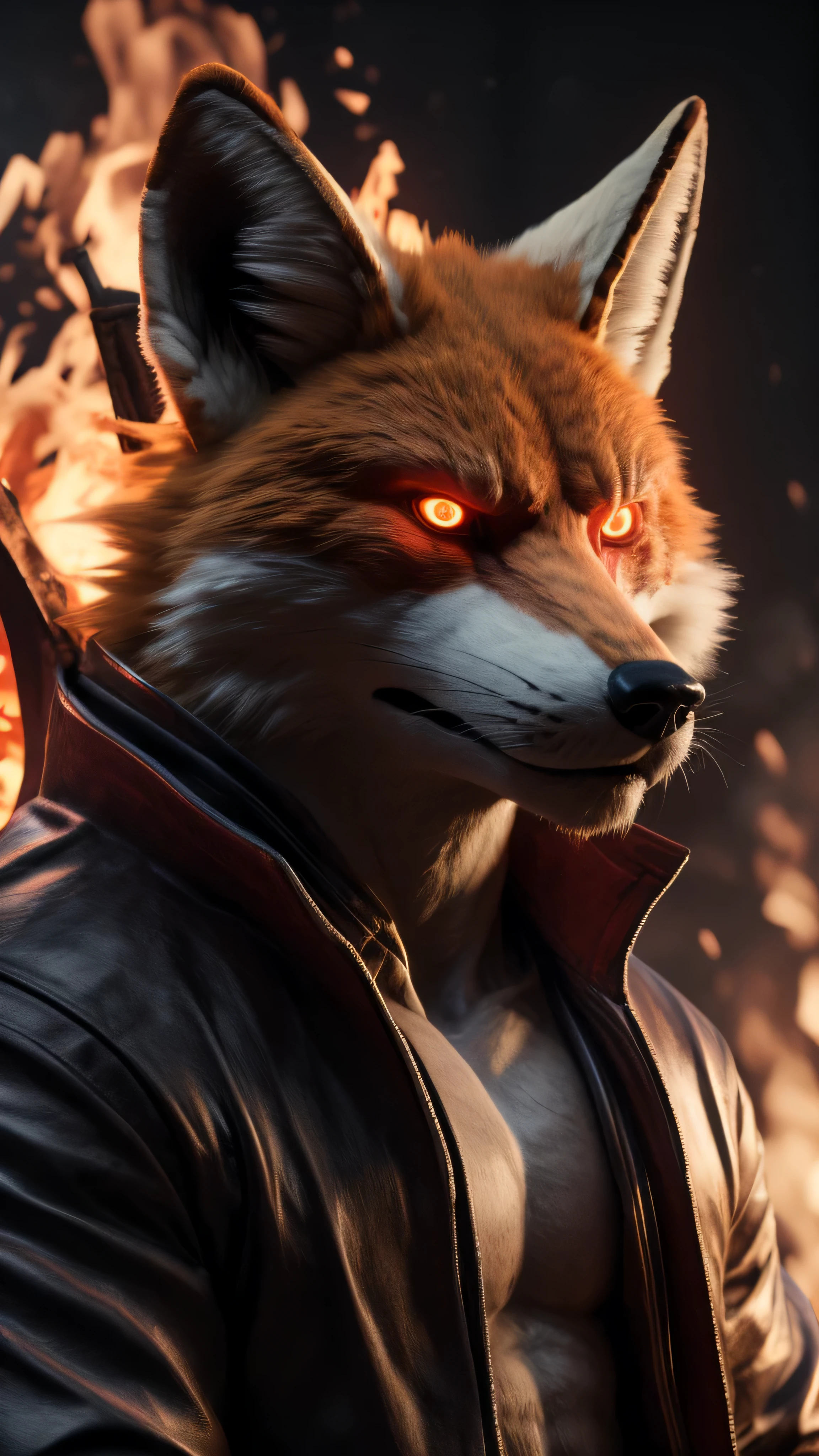 (best quality,8k,highres,masterpiece:1.2),ultra-detailed,(photorealistic:1.37),(the ultimate Orochi fox),red glowing eyes,staring at the viewer,detailed facial features,same design as Iori Yagami,background from The King of Fighters XV,fiery background,serious expression,on a realistic face,in 8k.