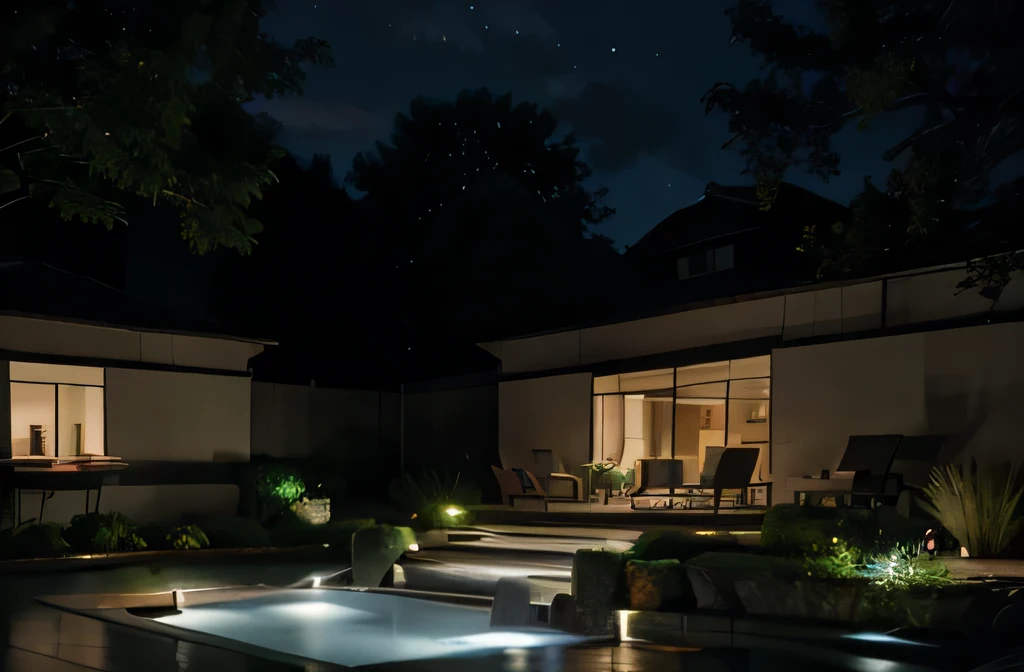 photorealistic, big square koi fish pond, cube modern house, waterfall, night view, power outage, vertical format, koi fish