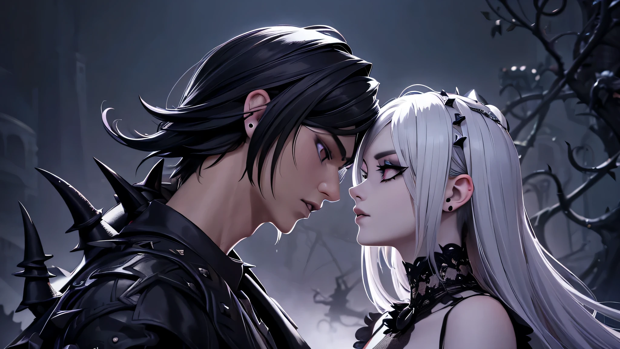 (a goth boy and a goth girl looking at each other in love) (Melhor qualidade,4K,8k,high resolution,obra de arte:1.2),ultra-detalhado,(realista,photorealista,photo-realista:1.37),intrincado,hipnotizante,dramatic,assombrando,Emocionalmente carregado,ethereal,escuro,sombrio,encantado (fotografia,Horror:1.1) 

[Traje preto,Unique fashion style](vibrante,contrastante:1.1) [pale skin,maquiagem ousada,piercings,Cabelo espetado] 
[lindos olhos detalhados,Maquiagem esfumada para olhos,olhares penetrantes:1.1],[batom preto,Detailed lips:1.1] 
[expressive facial expressions,tatuagens:1.1] [atmosfera misteriosa] 
[romantic scenery,jardim da meia-noite,luar:1.1,Starry sky], [escuro roses,vinhas espinhosas], [gothic architecture,Ornate iron gates] 
[amor apaixonado,profundo connection], [brilho em seus olhos:1.1], [unique gothic jewelry]

(colori:1.1,profundo,rico,contrastante)