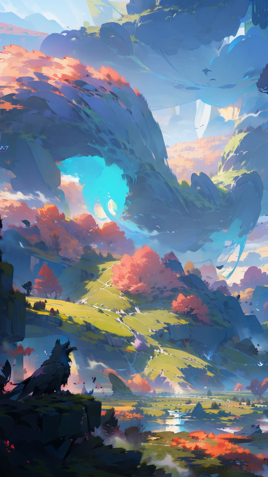 landscape, masterpiece,gorgeous, horizont, sunset,magic, detailed clothes, artistic, purple, dust, mountain, best quality, ((no_humans)), colorful, reflections, fog, birds, deailed,intricate, nature, ancient, beasts, flowers,
