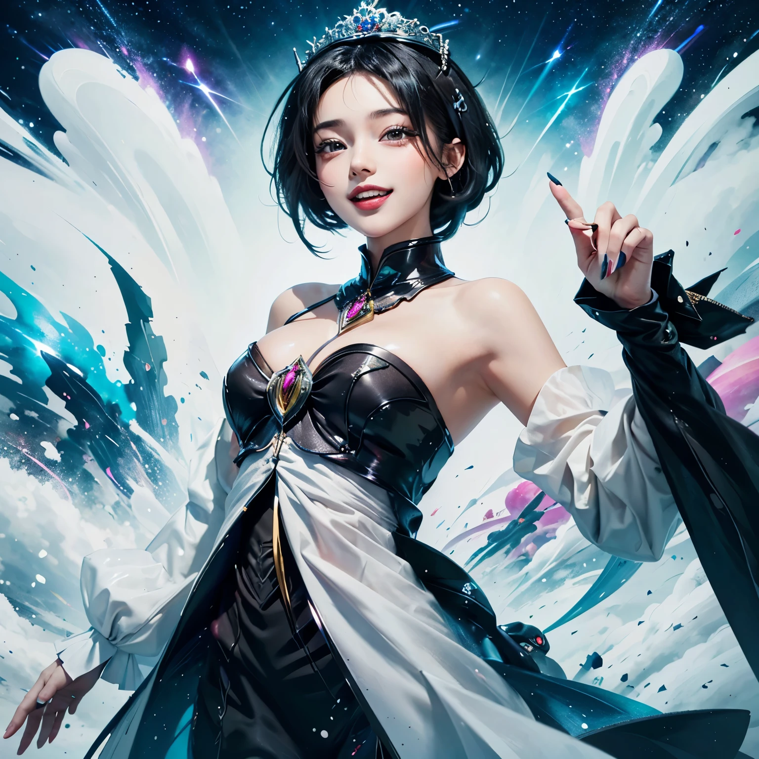 Princess, ambitious, smiling with open mouth, short black hair