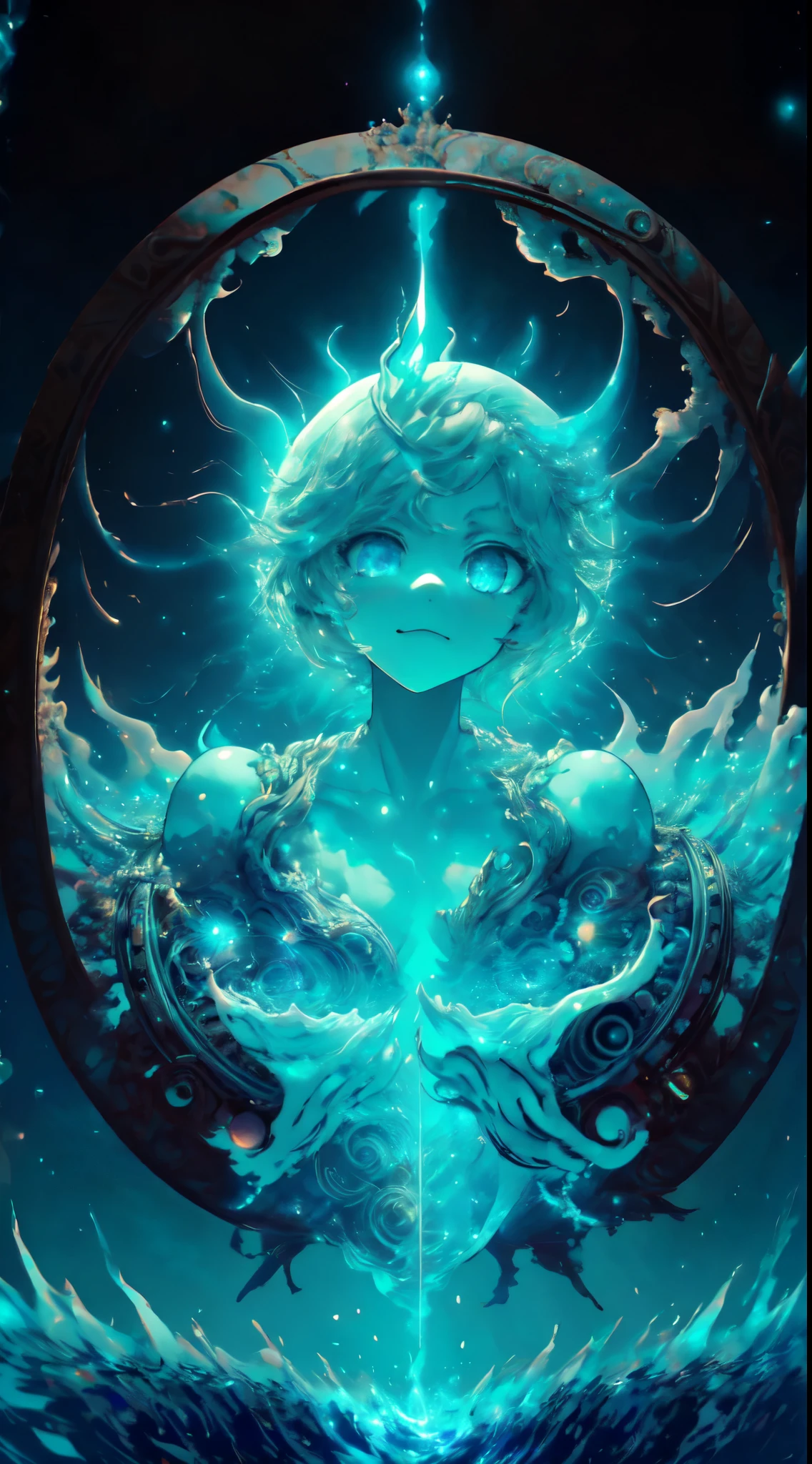 ((Bestquality))((Masterpiece))((realisti))portraits, 1girle, celestial bodies, GOD, goddess, Light particles, Halo, looks at the viewer, Firm eyes, Bare Shoulders, Chest tube parietal, Poker face(bioluminescense:0.9, girls:0.5)Ocean, bioluminescense, full of energy, colorful, colour(bioluminescence, bioluminescence)(Beautiful compositionCinematic Lights, Wheels within wheels(symmetric:0.5 girls)Whimsical，