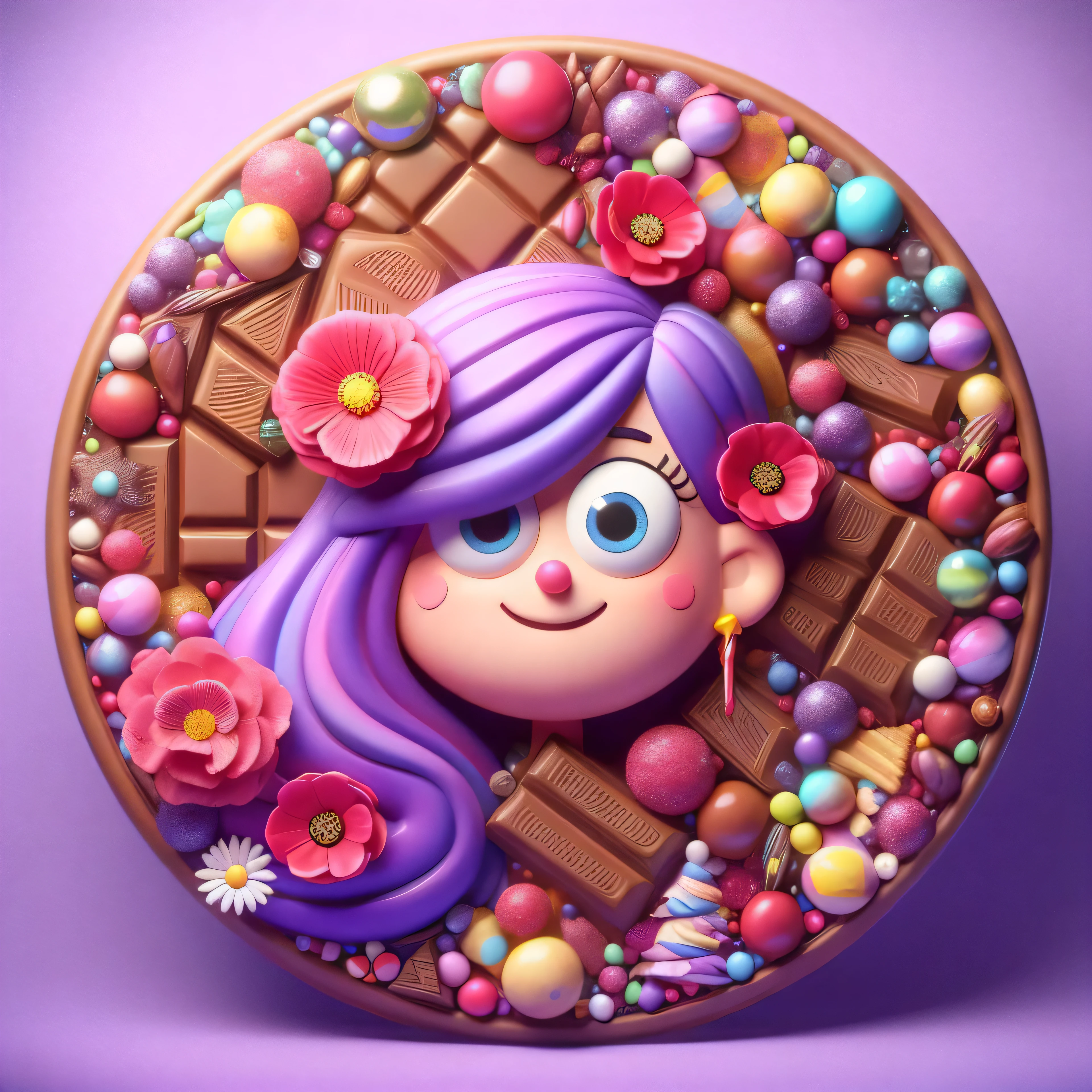Inside Round border, Round candy frame against purple background, Mable from Gravity Falls, chocolate bar, colorful hair, poppies, daisies, candies, glitter, best quality, pastel colors, Gravity Falls cartoon style, ((ultra-detailed)), depth of field, sharp focus, vibrant colors, realistic lighting, detailed shadows, 4k, 8k, HD
