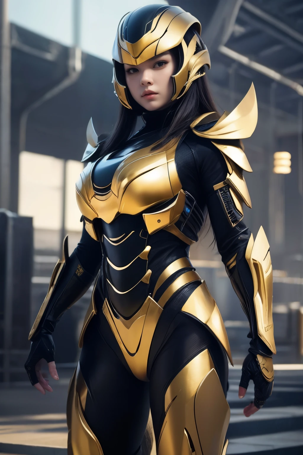 (high quality), (masterpiece), (detailed), 8K Hyper-realistic depiction of a Japanese girl clad in futuristic armor inspired by a scorpion motif, seamlessly blending sleek design with intricate details in a high-tech environment.