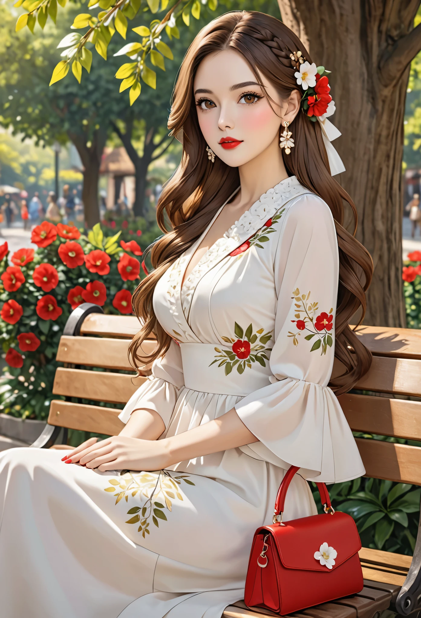 1girl  solo  long hair  breasts  looking at viewer  brown hair  hair ornament  dress  brown eyes  jewelry  sitting  upper body  braid  flower  earrings  outdoors  hair flower  bag  tree  leaf  handbag  red lips  bench