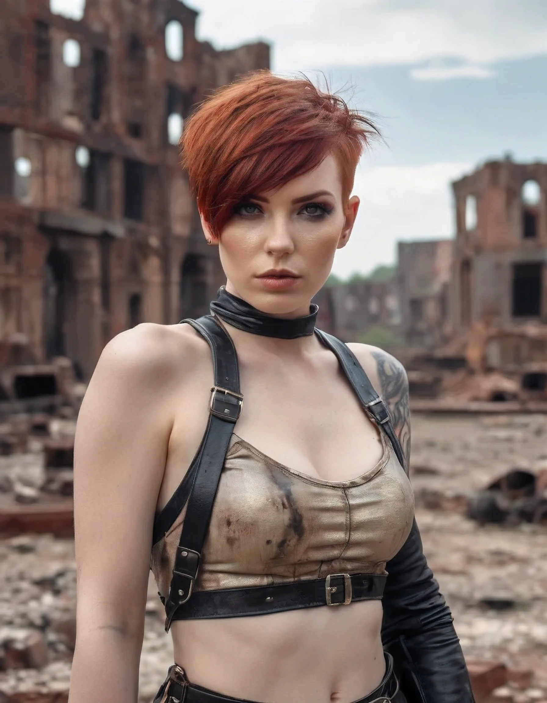 a mid portrait photo of 30 y.o woman in wastelander clothes, red hair, short haircut, pale skin, slim body, the background is city ruins, clean face, wearing a leather outfit, realistic textured eyes, (high detailed skin:1.2),8k uhd, dslr, soft lighting, high quality