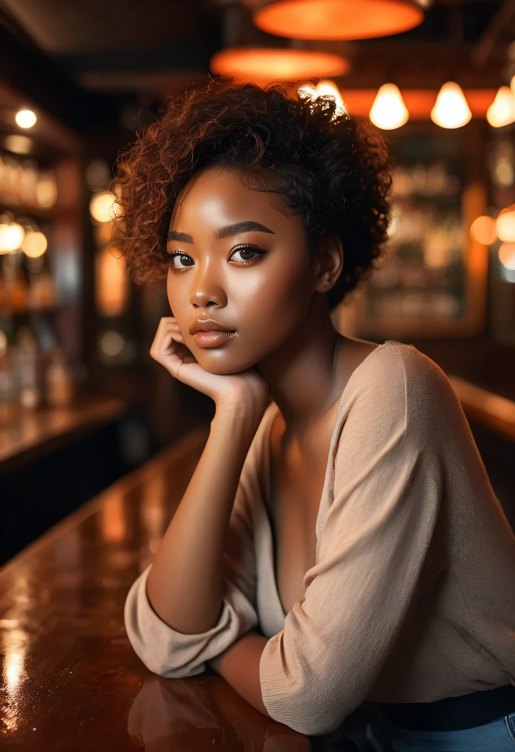 A captivating and romantic image of a stunning black girl sitting at a dimly lit bar, her eyes looking away with a strong yet soft facial expression. The scene is set in the Hallyu style, with soft, romantic lighting and a warm color palette of dark orange and light brown tones. She is captured with the Zeiss Batis 18mm f/2.8 lens, which emphasizes the realistic details of her features and the textures of her surroundings. The backdrop reveals a blurred, dreamy atmosphere, immersing the viewer in the romantic ambiance.