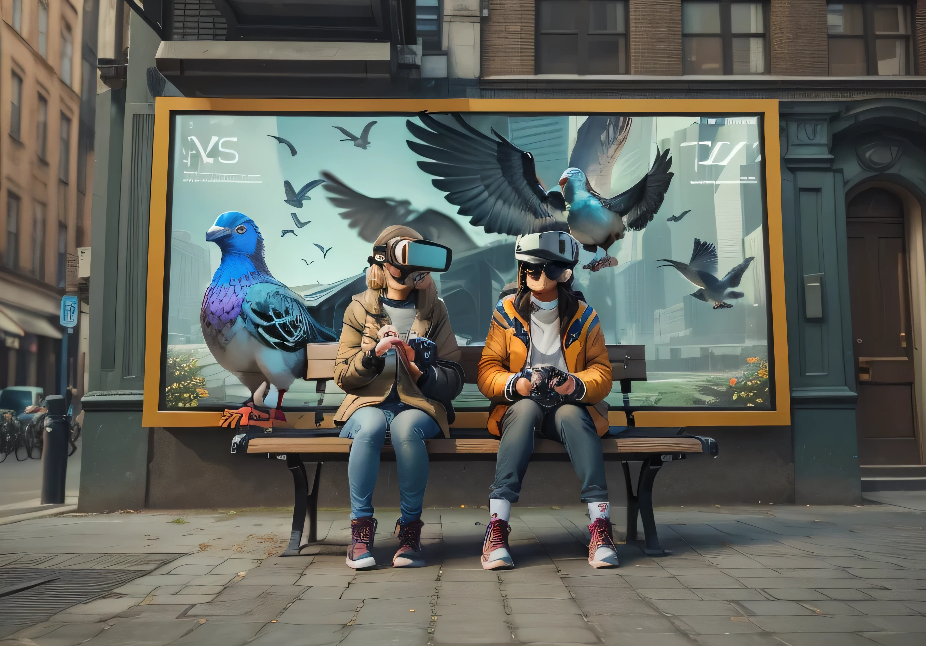 there are two people sitting on a bench with pigeons on the screen, virtual reality, digital reality, augmented reality, virtual reality headset, emulating reality, vr goggles, vr headset, wearing vr goggles, real photograph on the street, 3 d ar vr art, 3 d video game, 3d video game, wearing a vr headset, wearing vr, cool marketing photo