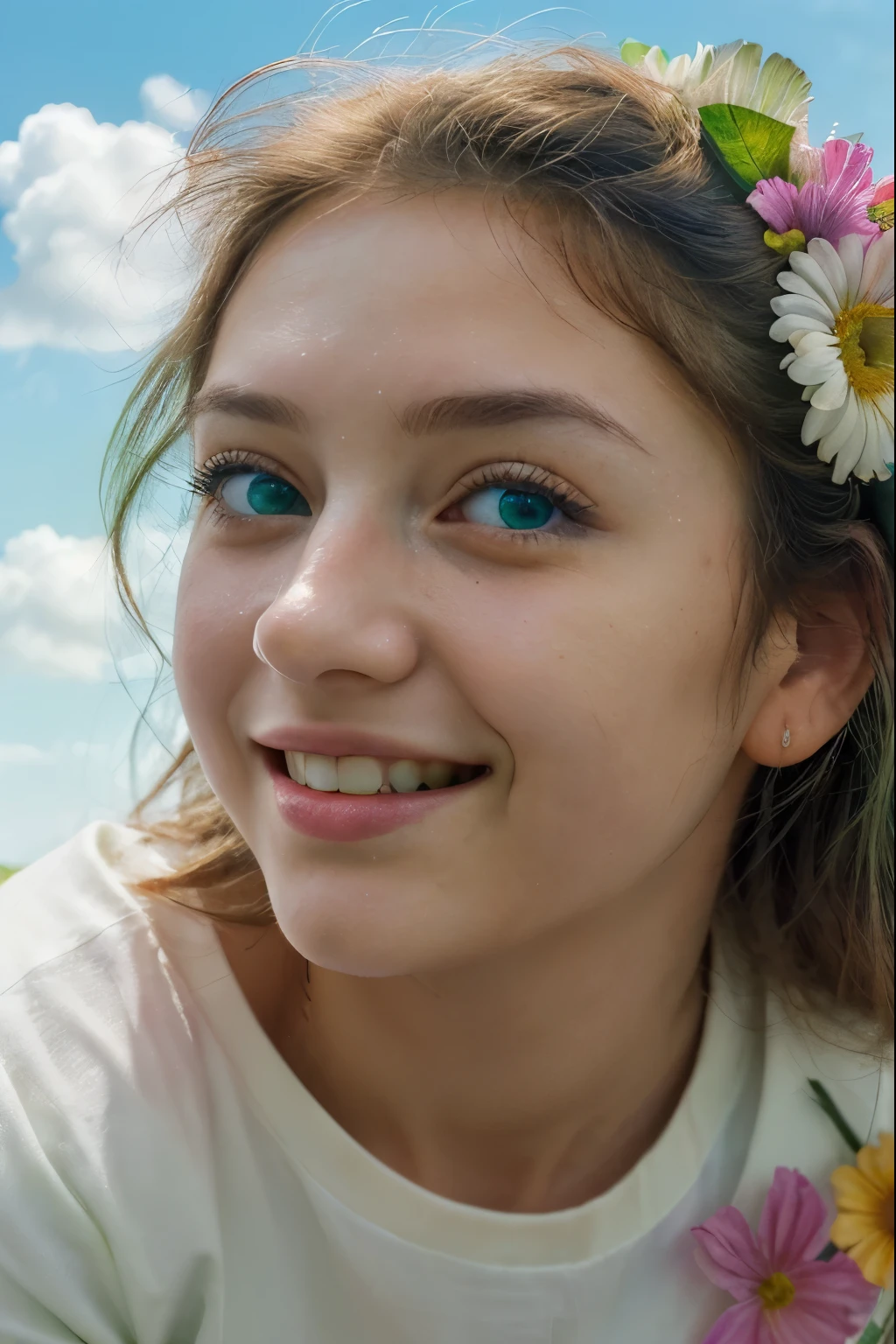 MKSKS, Masterpiece, Best quality, clarification, close up, Clear, Focus on the face, He smiles, Colorful, Flowers, Green Sky, Cloud sky, Girl with beautiful eyes,
