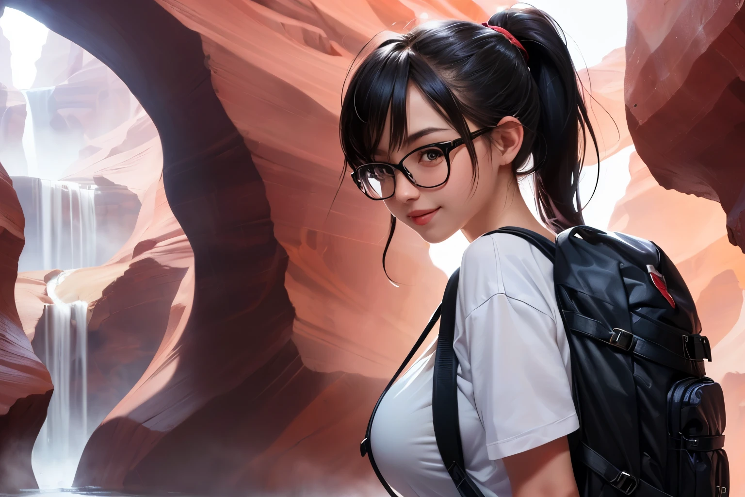 ((wide angle)) beautiful female tourist, black hair, ponytail, bangs, wearing large glasses, smirk, ((wearing a Backpacker style outfit)), morning light, Antelope Canyon