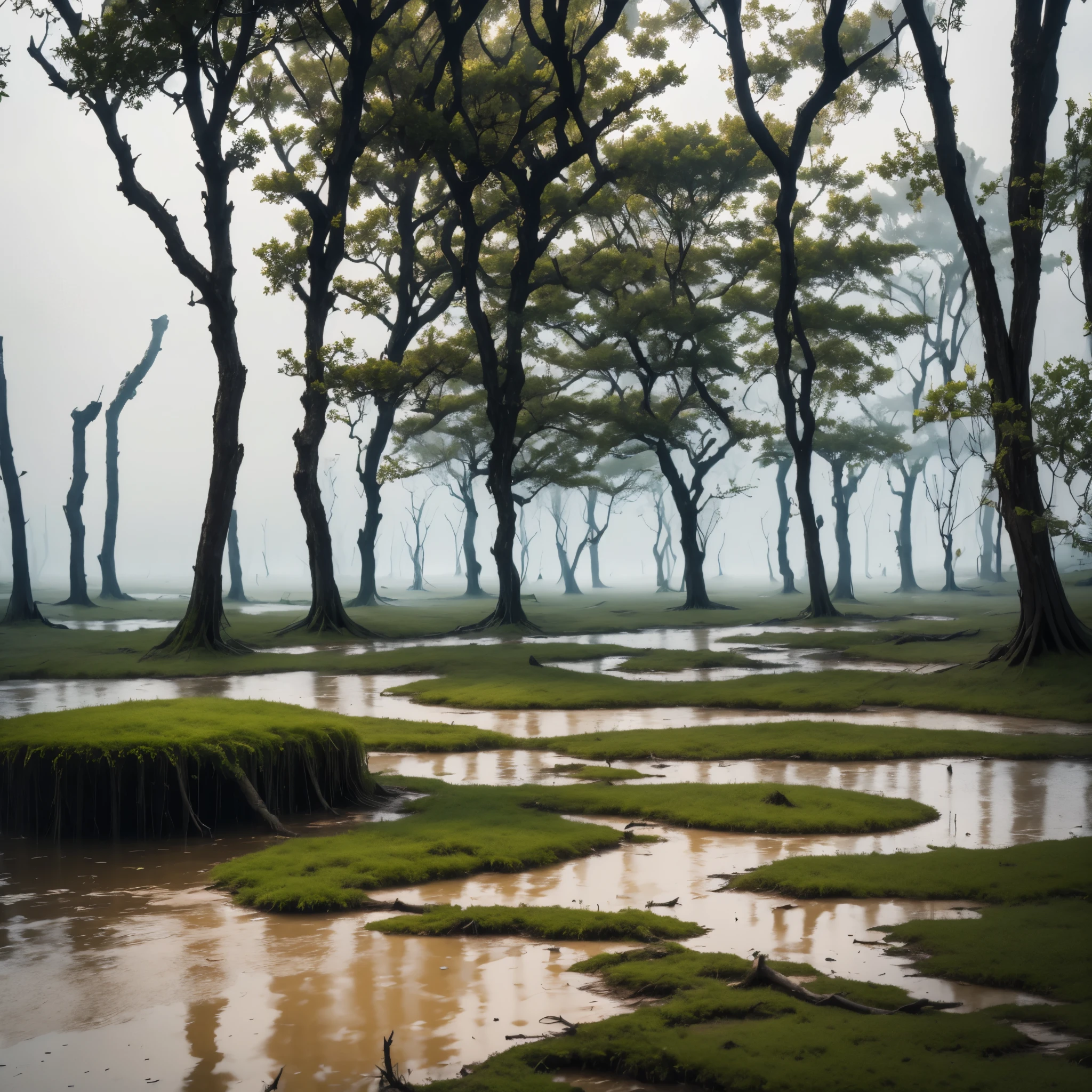 ,
(masterpiece, best quality:1.2), Clay, swamp, forest, grass, nature, fog, gross water, leaves, dead trees, huge trees, moss, huge trees, oak, giant oaks