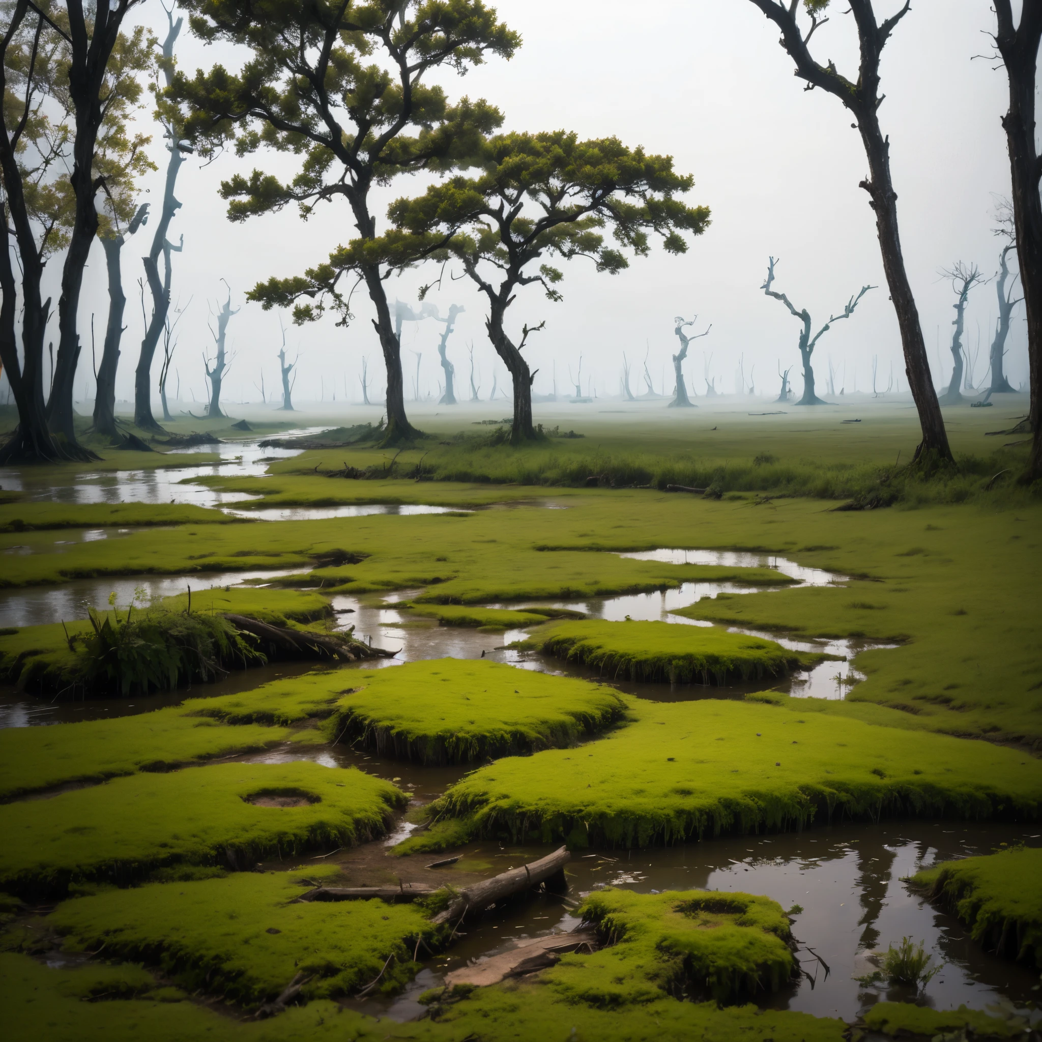 ,
(masterpiece, best quality:1.2), Clay, swamp, forest, grass, nature, fog, gross water, leaves, dead trees, huge trees, moss, huge trees, oak, giant oaks