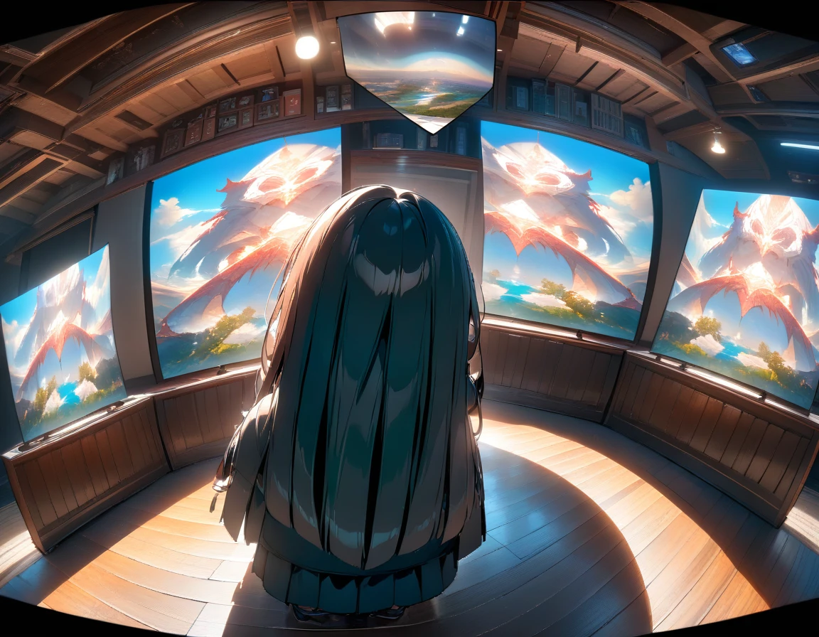1girl, Ultra Wide Angle, aesthetic, extremely detailed, very aesthetic, absurdres, (best quality,4k,8k,highres,masterpiece:1.2),ultra-detailed,ultra wide angle,lens distortion,vivid colors,contrast,bokeh,low angle view,dramatic,grandiose,architectural beauty,expansive space,sweeping panoramic view,dynamic lines,imposing structures,cityscape,skyline,wide open sky,cloud formations,light and shadow play,emergent skyscrapers,modern urban architecture,spectacular visual impact,immersive experience,heroic scale