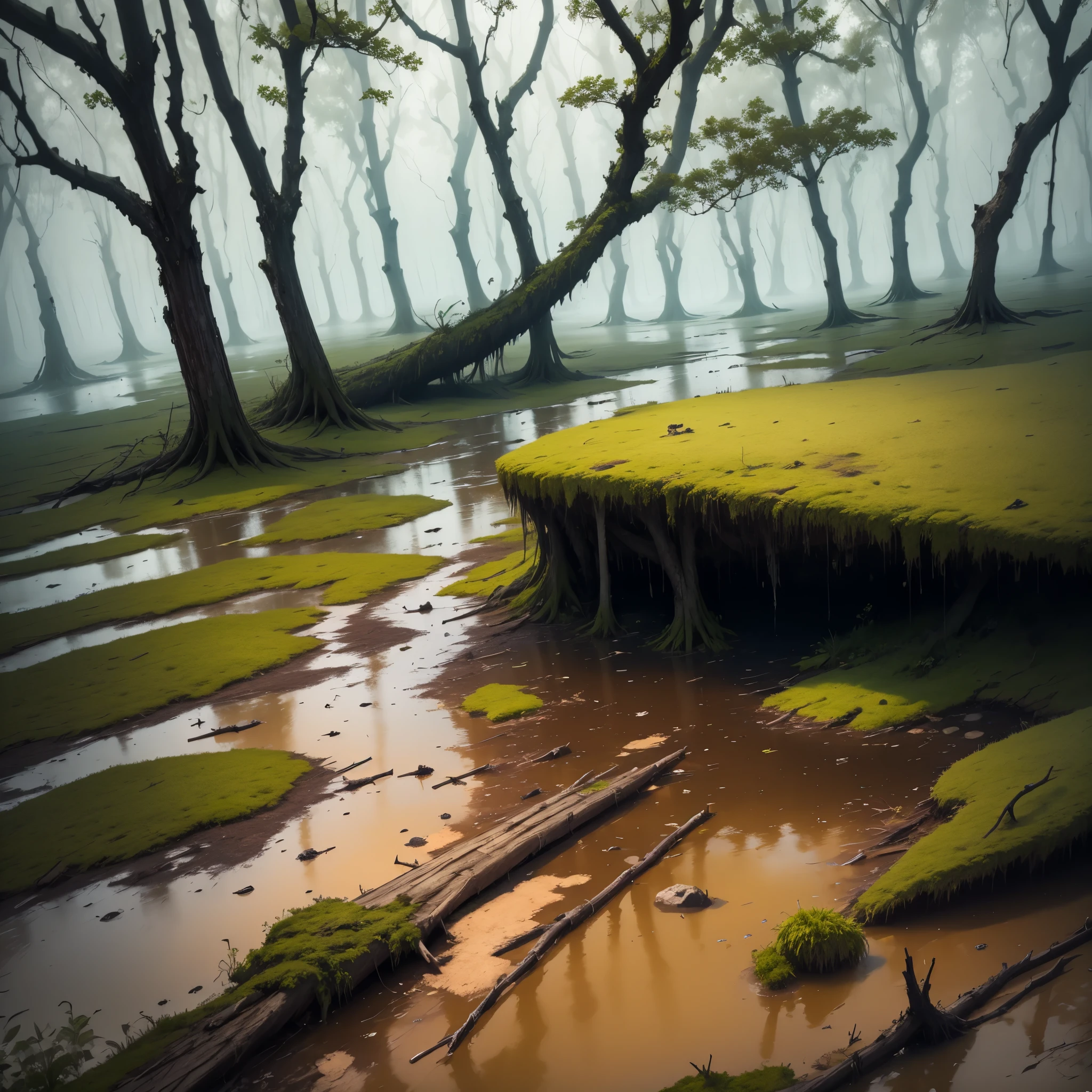 (masterpiece, best quality:1.2),  Clay, swamp, forest, grass, nature, fog, gross water, leaves, dead trees, huge trees, moss