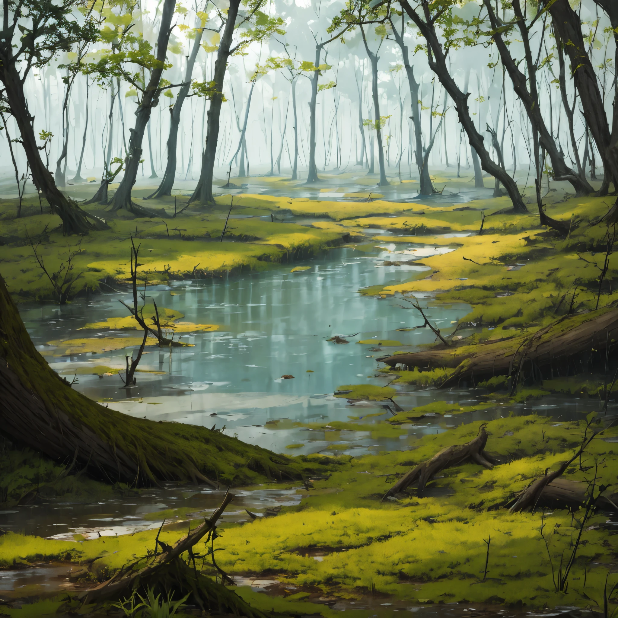 (masterpiece, best quality:1.2),  Clay, swamp, forest, grass, nature, fog, gross water, leaves, dead trees, huge trees, moss