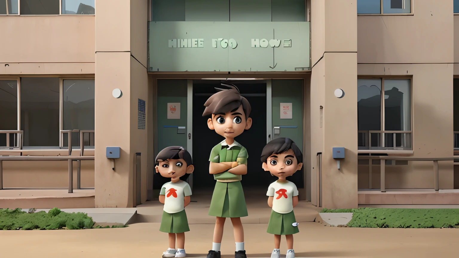 Make a cartoon character of children stand up in front of school