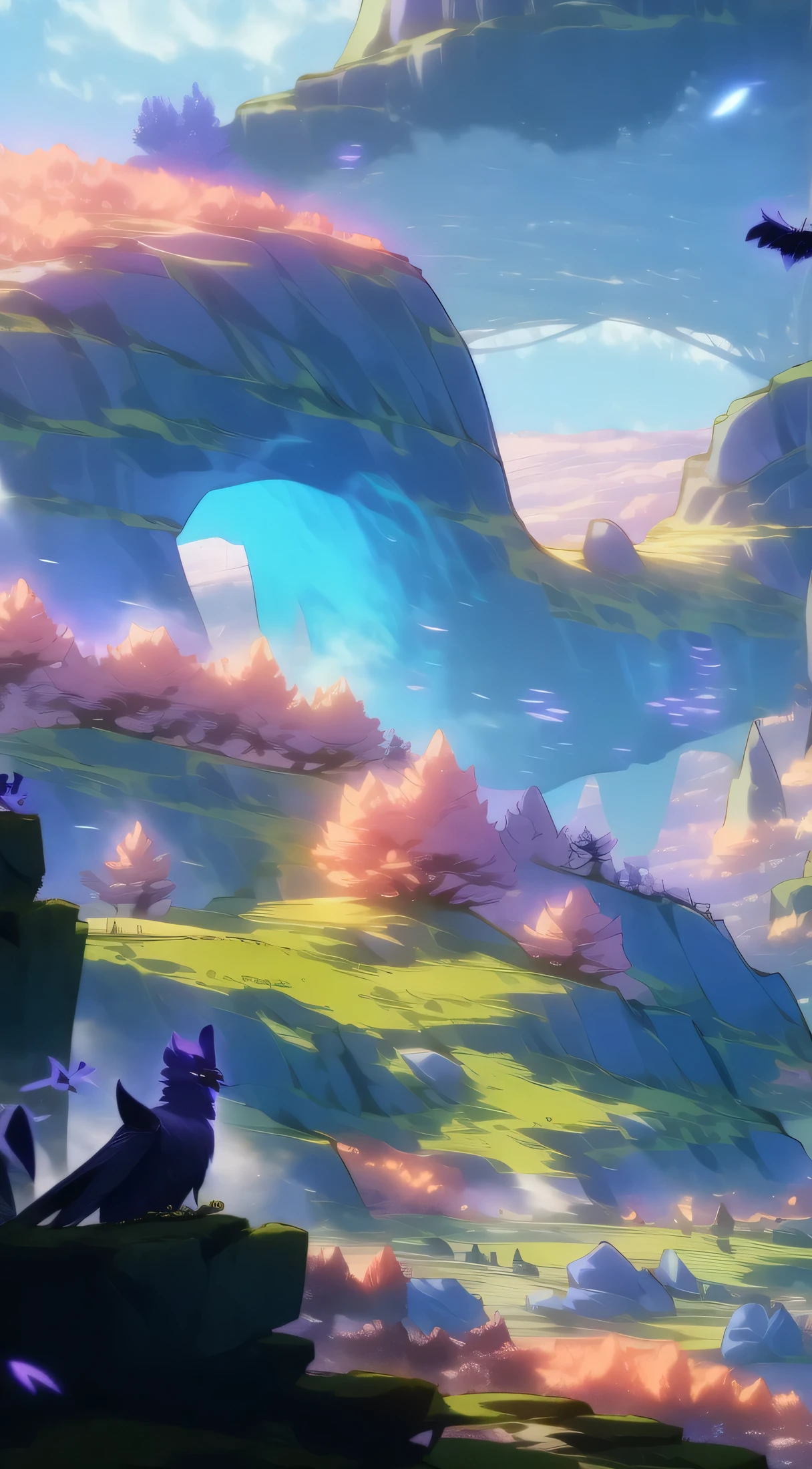 paysage, chef-d'artwork,Magnifique, horizon, coucher de soleil,la magie, Detailed clothing, artistique, violet, dust, montagne, best quality, ((Non_humains)), colored, reflets, brouillard, des oiseaux, default,Complexe, Nature, ancien, beasts, fleurs,