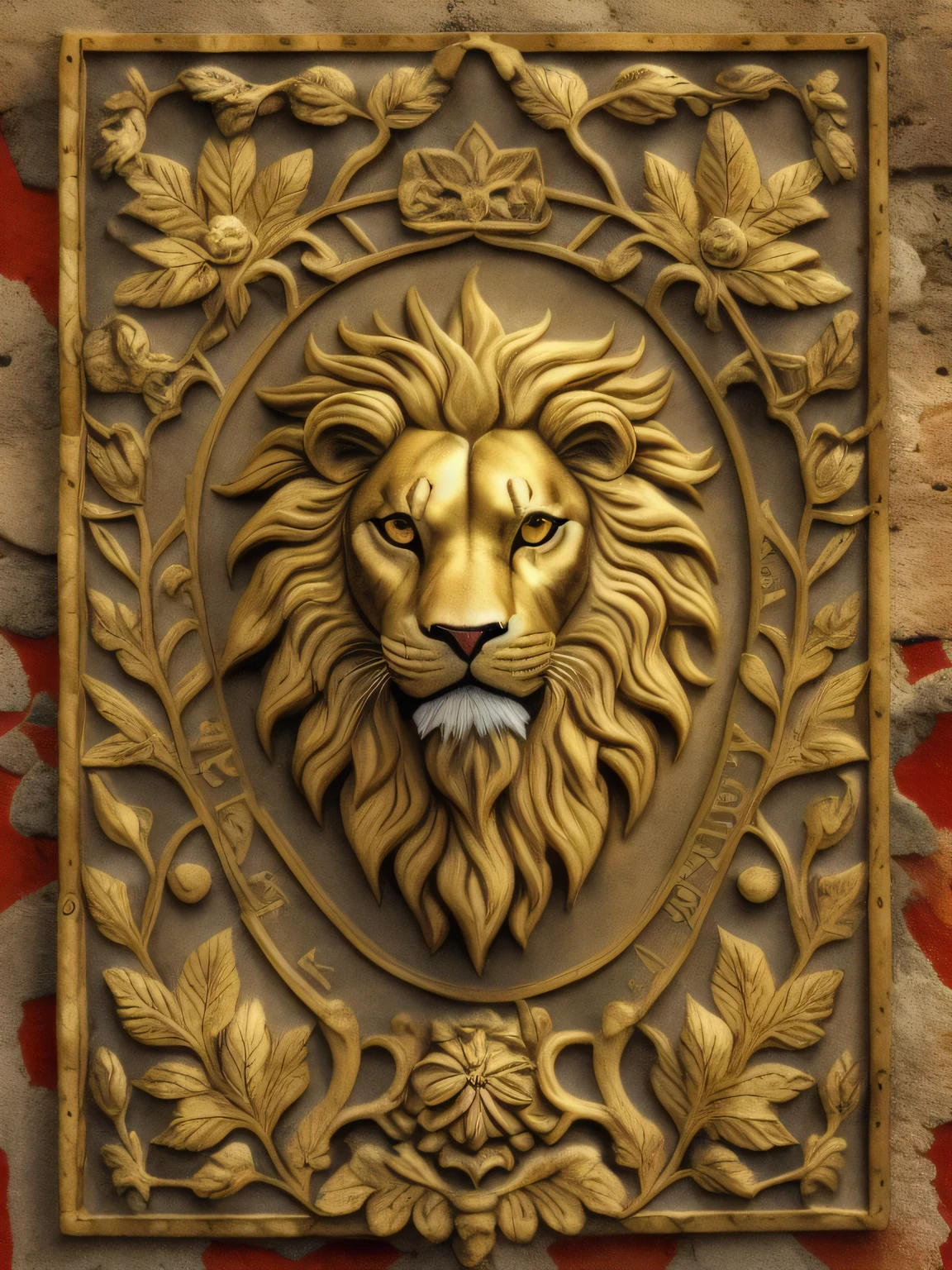 Escudo redondo, ferro forjado, Rustic and realistic texture, Ferocious and majestic lion, Pelagem detalhada, Powerful facial expression, Vertical boom, Ornamentos, Intricate coat of arms, Symbols of Power, wisdom and justice, Textura de ouro envelhecido, Intertwined bay leaves, Vivid, textura verdejante, inscription "In Search of Excellence", Letras esculpidas em pedra, Worn marble background, Paleta de cores: dourado, vermelho, marrom, high graphic quality, sharp details, Atmosphere of grandeur and history, Rustic and brutal style, similar to the Roman Empire, Impactful and imposing visual representation.