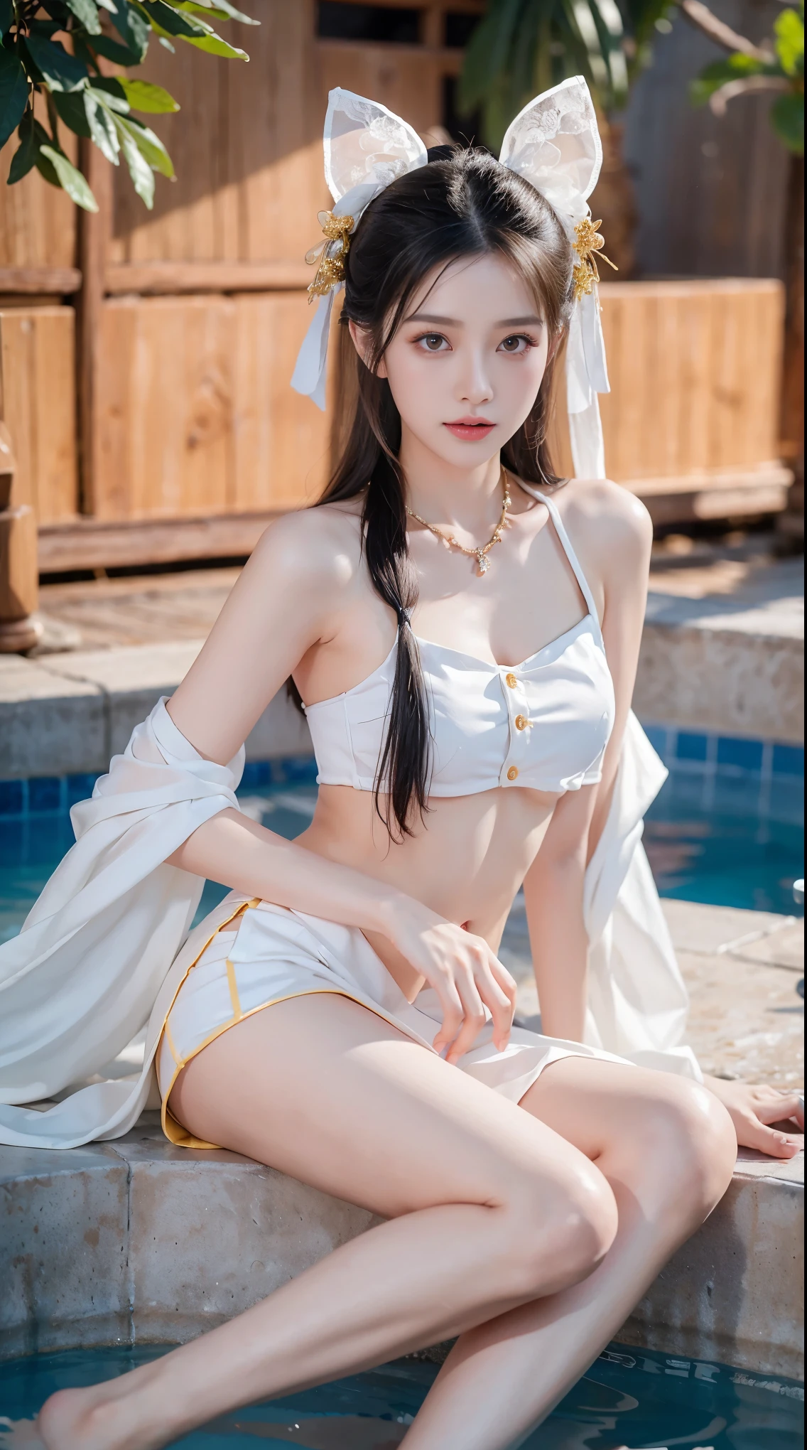 best picture quality，extremely high resolution，Very detailed，stunning girl，sitting in the pool，long eyelashes，big eyes，shining eyes，lying silkworm，plump lips，small nose，a happy expression，Sweet，Exquisite makeup，full-body shot，snow white skin，slim figure，take off shoulders，clavicle，abdomenband，abdomen，abdomen button，Slender white legs，White and tender skin，White embroidered mini skirt，necklace，Showing thighs，lace，Sweet，long hair flying，best quality，masterpiece，full-body shot，facial focus，slim figure，细腰白色abdomenband，imagine，full-body shot
Model: Hanfu, CFG scale: 7, Hire high-end talents: 1.5, Laura: future fashion(0.4)、neon(0.4)、martial arts(0.8)、Asian Face Girls-2(0.4)、poetic fairy tale(0.01)