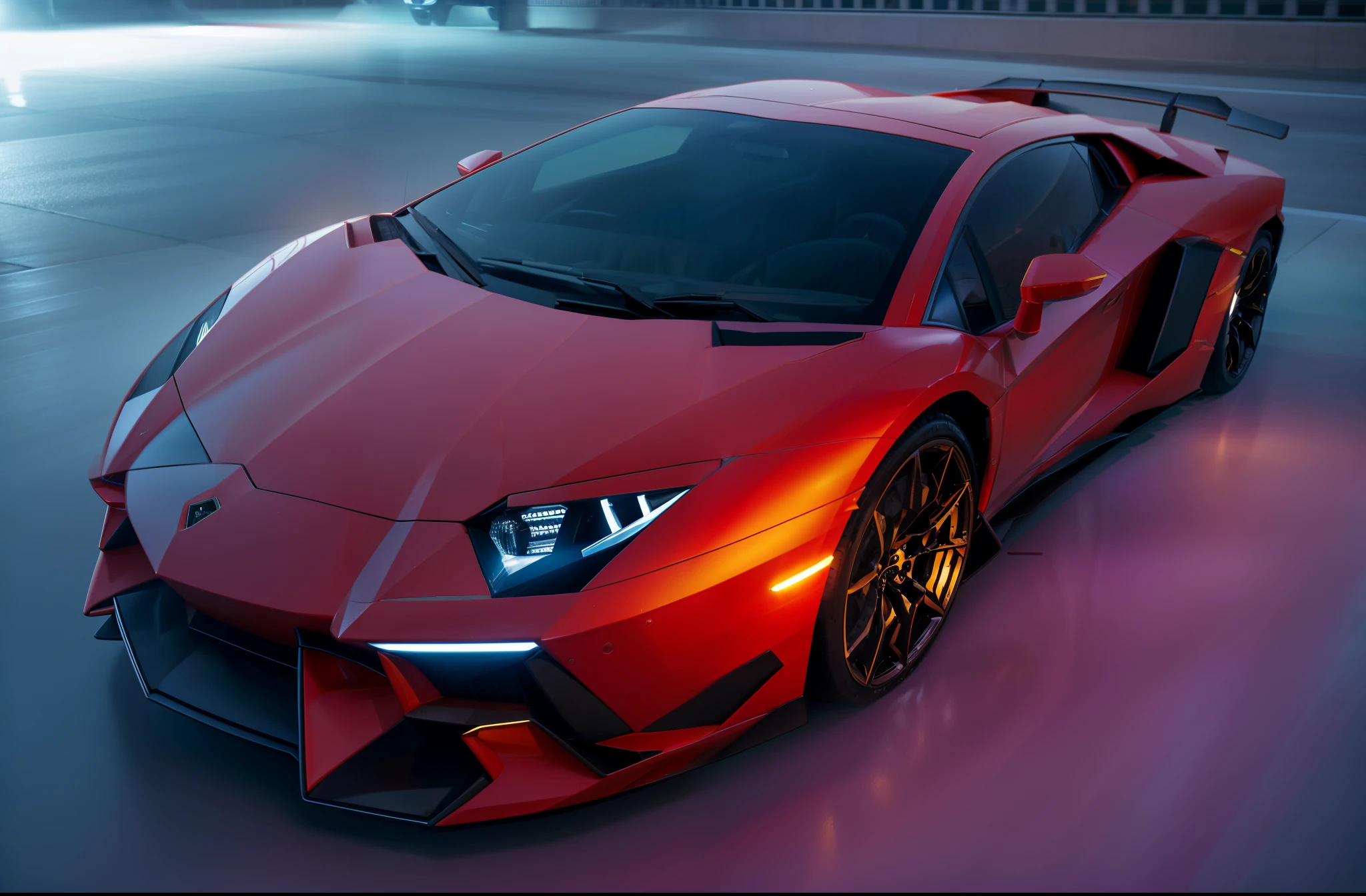 1 car, lamborghini aventador sv, City street, night, Rainy, rainy, beautiful lighting, colorful lighting, super detailed, wallpaper, 8k quality, masterpiece