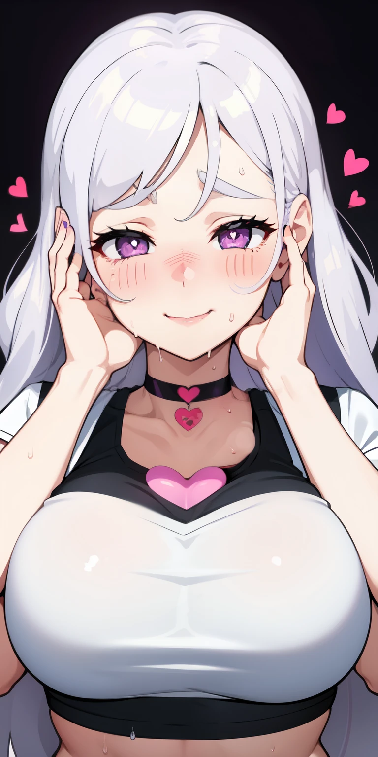 1girl,heart-shaped pupils,fingernails,hands on own face,white hair,purple eyes,(blush:1.1),choker,upper body,trembling,sweat,sweatdrop,heart,(speed lines:1.1),medium breasts, ((heavy breathing:1.3)), love, heart, crop top, happy, smile