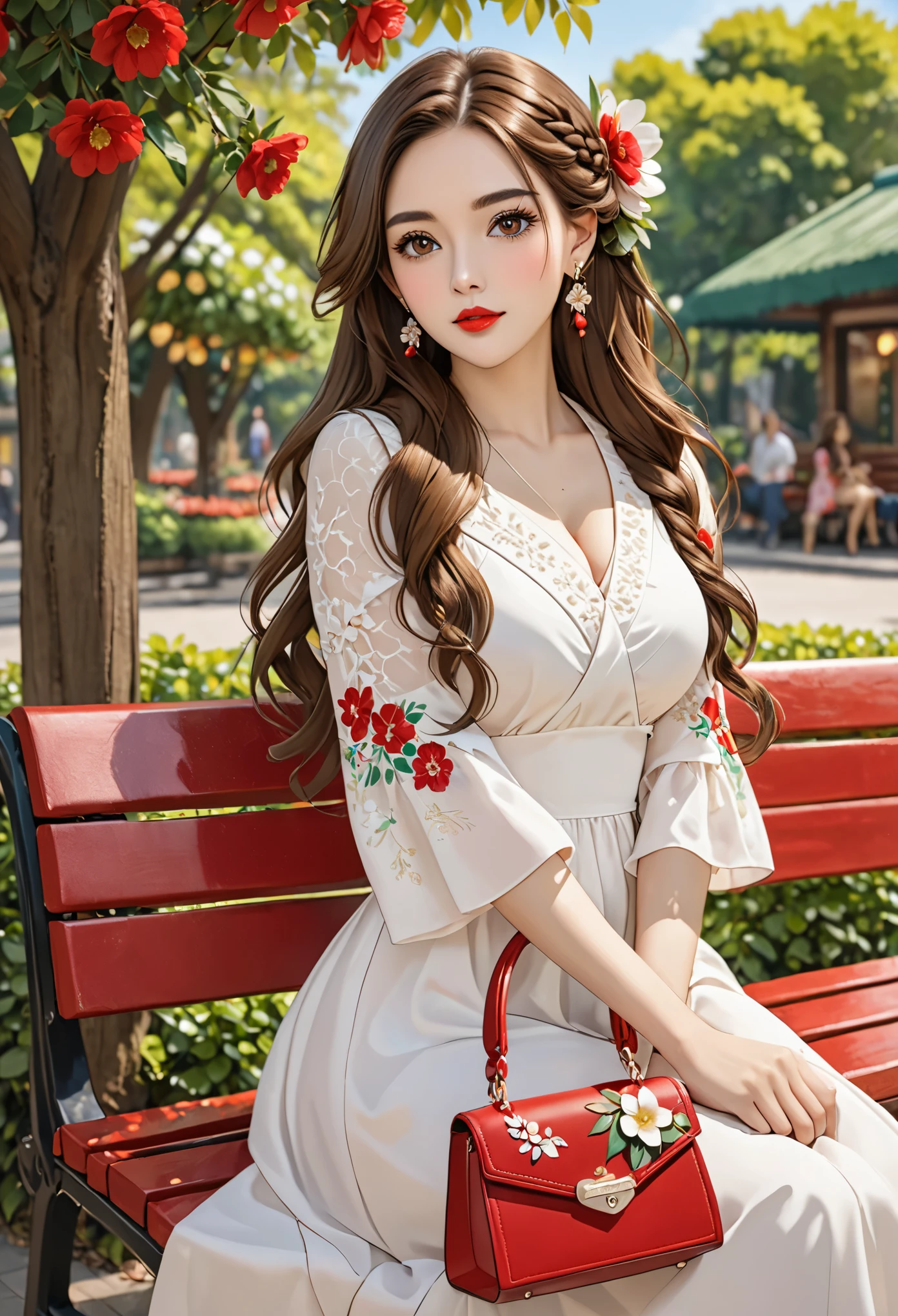 1girl solo long hair breasts looking at viewer brown hair hair ornament dress brown eyes jewelry sitting upper body braid flower earrings outdoors hair flower bag tree leaf handbag red lips bench