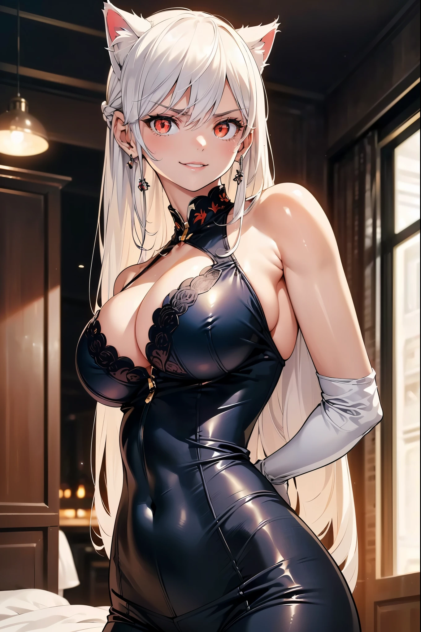 Kouka Uzen,(masterpiece, best quality:1.2), (high resolution, 8K RAW photo, photo realistics, clear focus, weak outline:1.3), (cinematic lighting, moody image atmosphere, textile shading), pov, solo, ((nfsw:1.5, fuge breast:1.3, big tits, breast cleavage, harass sexually, in heat, presenting)), ((beautiful eyes with highlight:1.3)), (looking at viewers), raised sexy, (embrassed), (white hair), long hair, asymmetric hair, half updo hair , ((red eyes)), bokeh , tight focus, (correct anatomy:1.6, ideal ratio of body proportions), ((Cat ears)), ((cat taill)), ((bedroom)), ((tights)), (seductive smile), (shot from below),