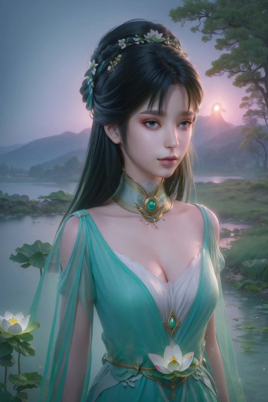 (Cowboy shooting:1.5),最好of质量,Super detailed,实际of,portrait,(ZXbiyao:1.1),[double tail],美丽细致of眼睛,美丽细致of嘴唇,[白色和綠色of連身裙],(Lotus Garden),(lake),hair accessories,和平of气氛,鲜艳of色彩,soft lighting,生of,16K,ultra high resolution,movie shot,twilight lighting,Volumetric lighting,戏剧性of灯光,(锐利of焦点,photo实际of,realism,depth_of_site:1.5),watercolor
