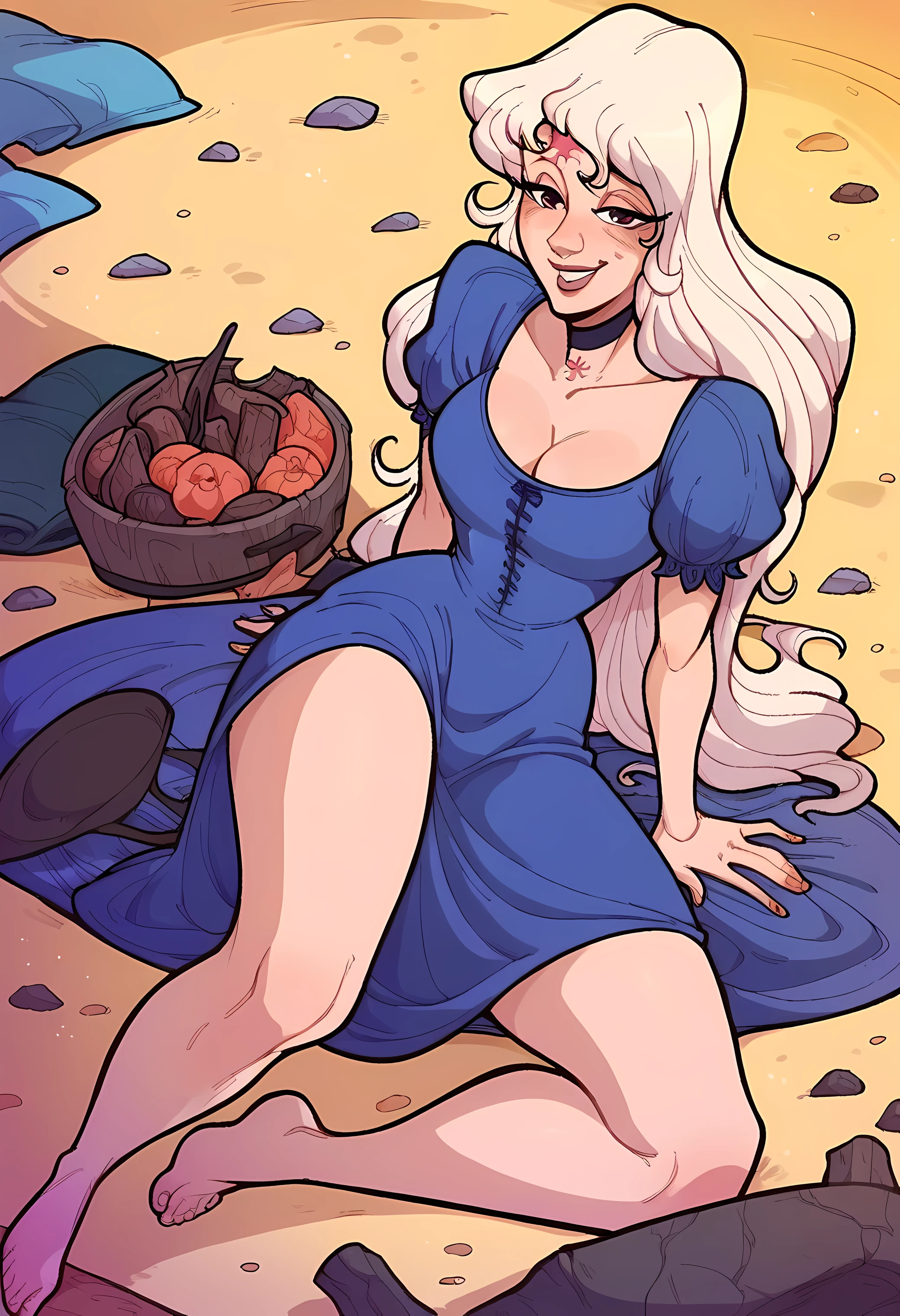 score_9, score_8_up, score_7_up, score_6_up, score_5_up, source_cartoon, amalthea sitting on ground at campsite bare-feet full-shot campfire, (nighttime) amalthea, cleavage, choker, seductive, smiling detailed high saturation