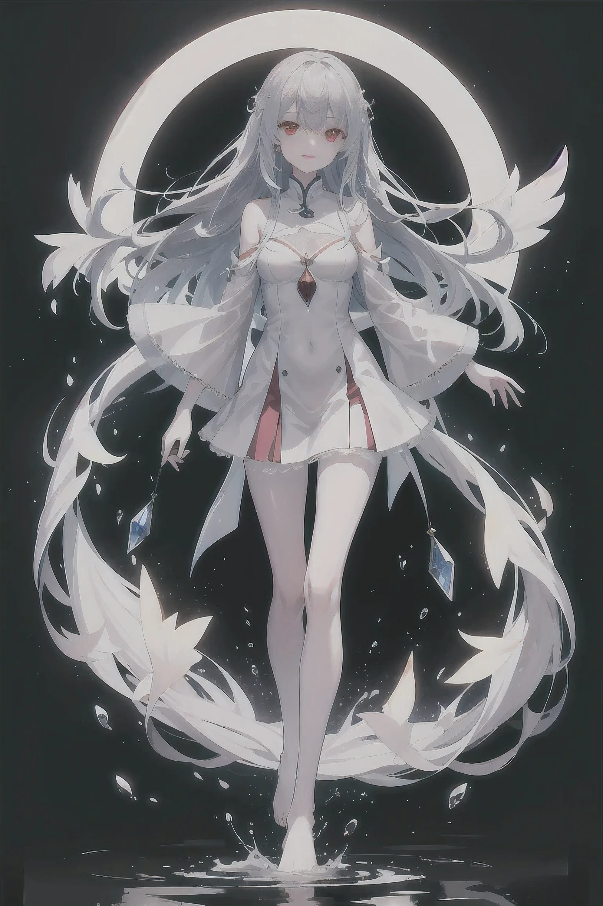 Dreamy beautiful moonlight in dark forest。View of a -yeld gifrom above。(wet silver hair and red eyes)。smile slightly。She only wore a long transparent white cloth,It has beautiful lace trim on it。Soak the cloth in water。(splashing in the dark forest lake at night)。(Hair or clothes are wet)。splash。Wet hair。Dripping water droplets。梦幻般的萤火虫在空中float、Light also reflects from water。near method and far method。glitter effects。Dynamic composition with depth。extremely high quality、high level of image quality、extremely refined。Rare workmanship,round,Room, Strong breasts),barefoot,float,water surface,(long legs,long legs,long legs,Gestalt),full-body shot。standing posture