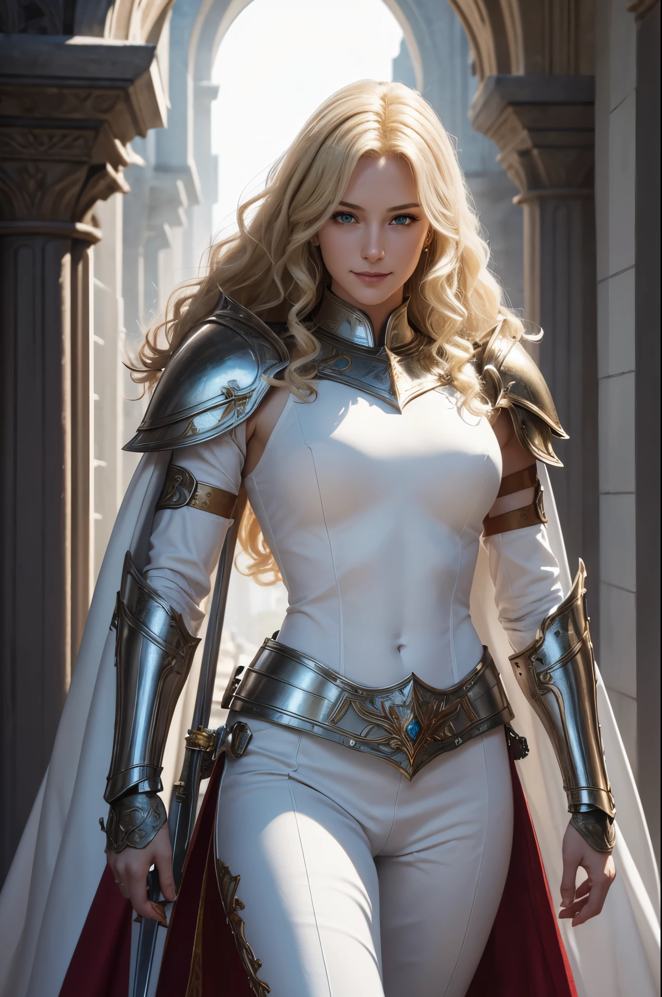8K,Tall female court holy knight,Super beautiful(like the real thing),Blonde curly hair,smile,green eyes,gorgeous red and white chest armor,luxury white combat pants,muscular slim body,ripped abs,masterpiece,Photorealistic RAW photos of the highest quality。bright colors,rich colors, Backlight, cinematic lighting, film grain, to be born, 50MM lens, Nikon D850,realistic skin,fantasy art,character art,ultra high resolution,realistic scale skin,Perfect hand shape,view audience,royal palace courtyard,Equipped with a long, silver holy sword on his waist.,luxurious white shoulder armor,luxury white gauntlet,luxurious white waist armor,luxury white leg armor,