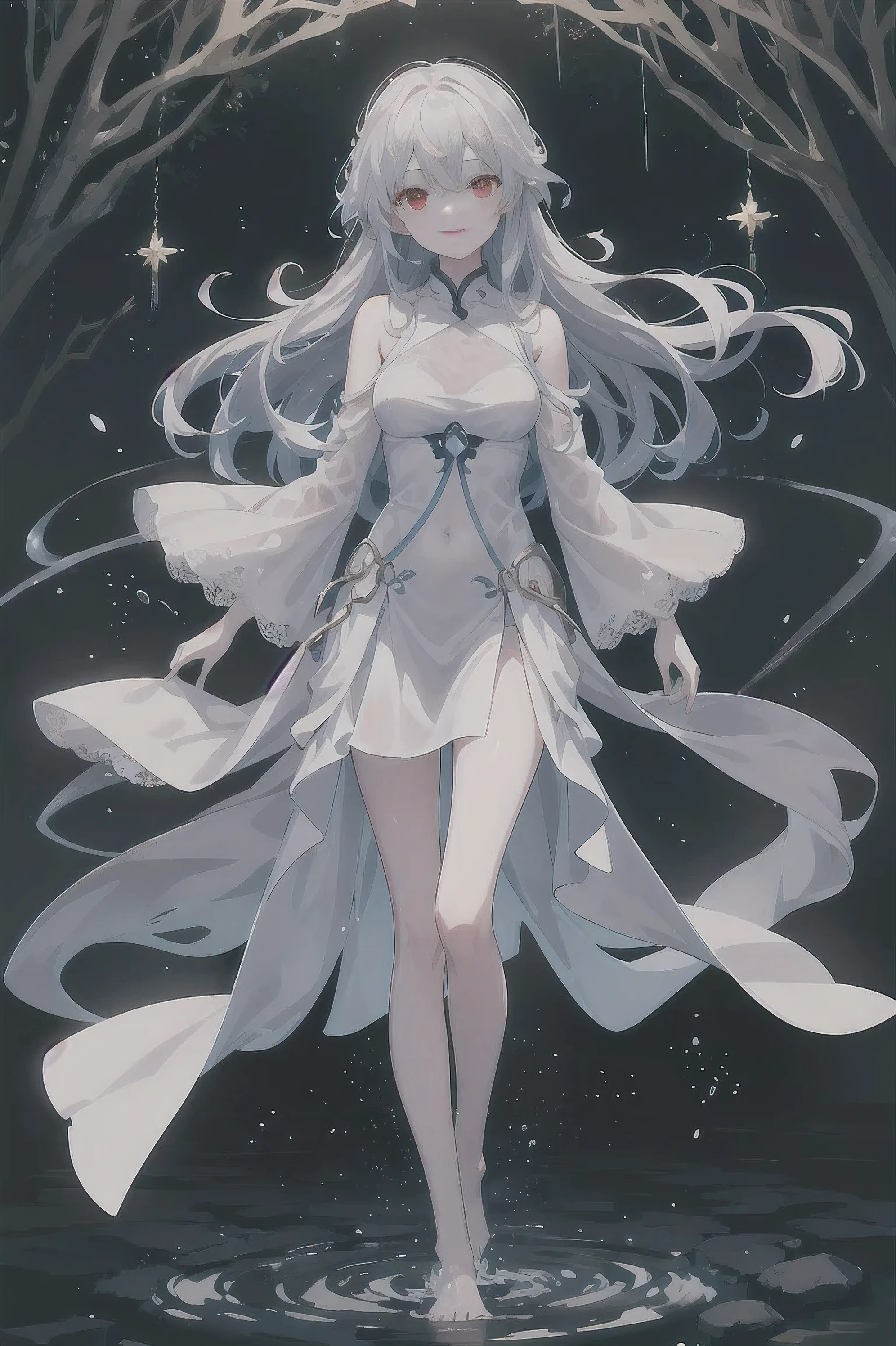 Dreamy beautiful moonlight in dark forest。View of a 15-year-old girl from above。(wet silver hair and red eyes)。smile slightly。She only wore a long transparent white cloth，It has beautiful lace trim on it。Soak the cloth in water。(splashing in the dark forest lake at night)。(Hair or clothes are wet)。splash。Wet hair。Dripping water droplets。梦幻般的萤火虫在空中float、Light also reflects from water。near method and far method。glitter effects。Dynamic composition with depth。extremely high quality、high level of image quality、extremely refined。Rare workmanship，round,Room, Strong breasts），barefoot，float，water surface，（long legs，long legs，long legs，Gestalt），full-body shot。standing posture