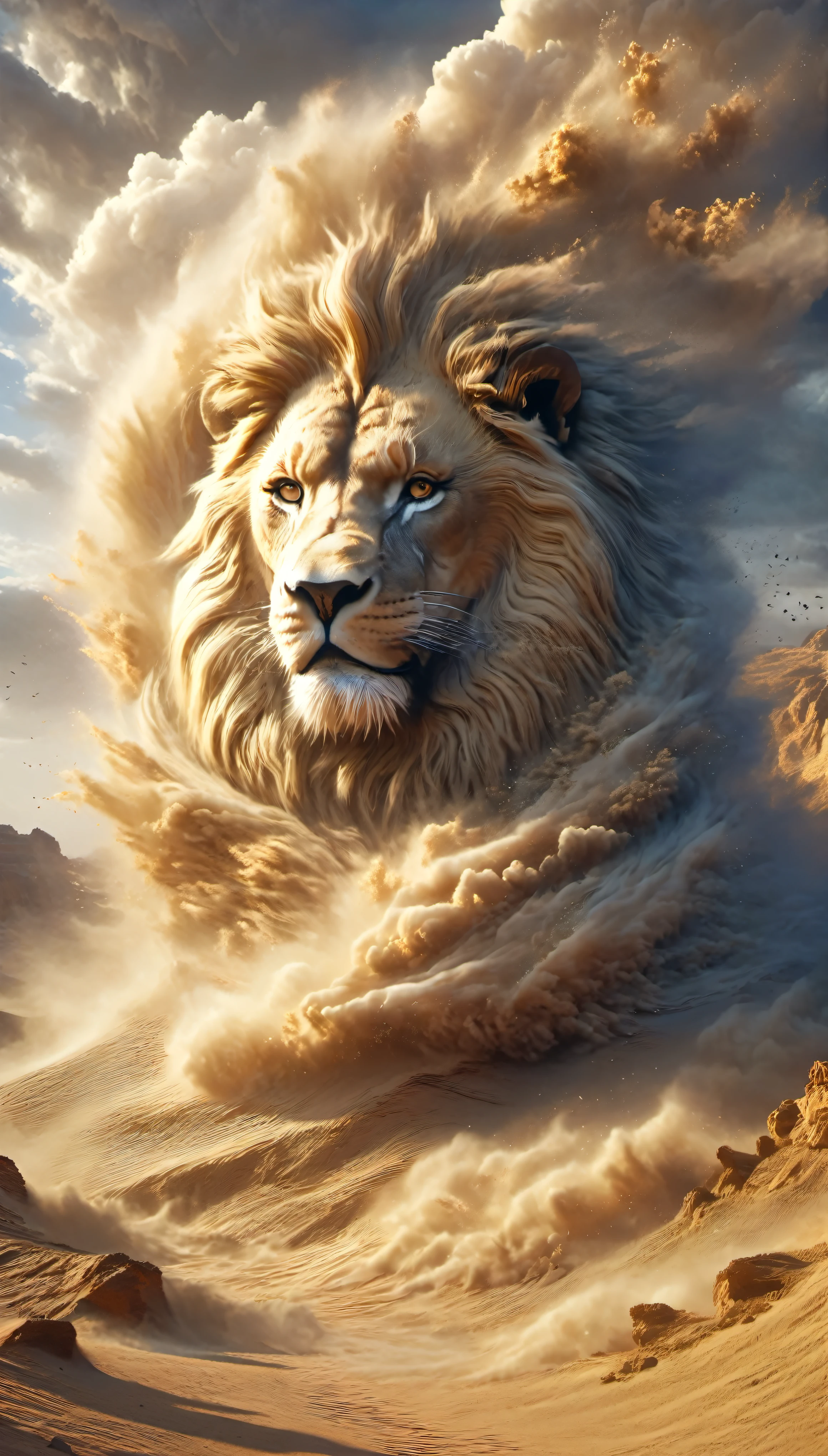 (desert canyon:1.5),Narrow canyon in the middle of the desert,sandstorm,lion face made of sand in sandstorm, tornado, in the style of photo realistic landscapes, Stone sculptures, cabin core, Stone, in the style of photo realistic landscapes, cabin core, rolling waves,decorative background, photo realistic landscapes, large canvas format, 32k ultra high definition, photo, The best qualities of imaginative landscapes,4K,8K,High resolution,masterpiece:1.2),super detailed,(actual,realistically,realistically:1.37),