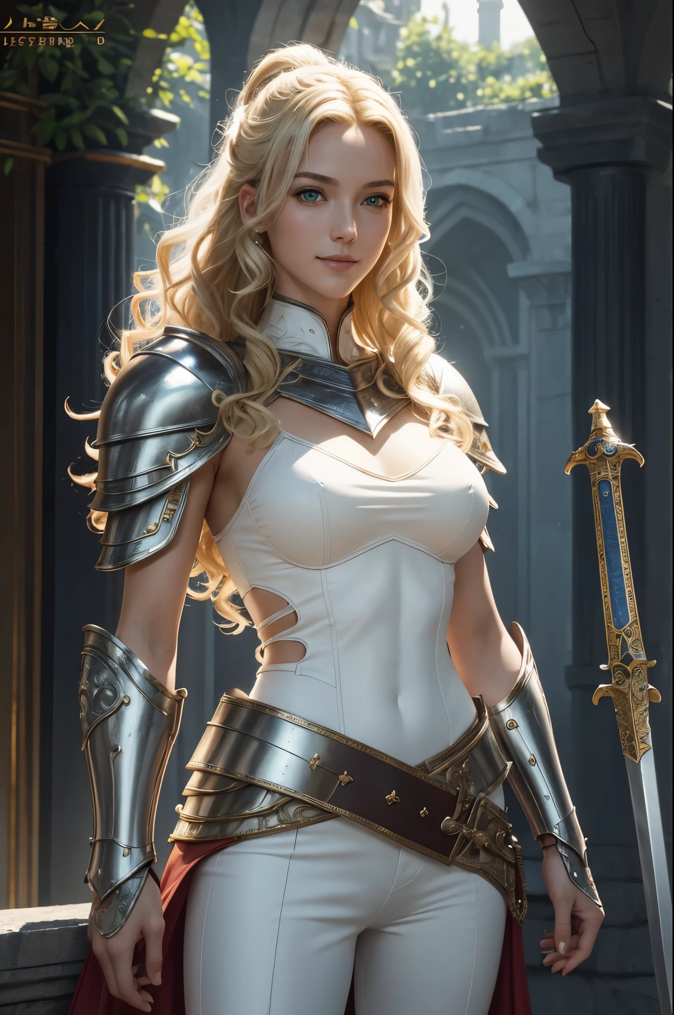 8K,Tall female court holy knight,Super beautiful(like the real thing),Blonde curly hair,smile,green eyes,gorgeous red and white chest armor,luxury white combat pants,muscular slim body,ripped abs,masterpiece,Photorealistic RAW photos of the highest quality。bright colors,rich colors, Backlight, cinematic lighting, film grain, to be born, 50MM lens, Nikon D850,realistic skin,fantasy art,character art,ultra high resolution,realistic scale skin,Perfect hand shape,view audience,royal palace courtyard,Equipped with a long, silver holy sword on his waist.,luxurious white shoulder armor,luxury white gauntlet,luxurious white waist armor,luxury white leg armor,