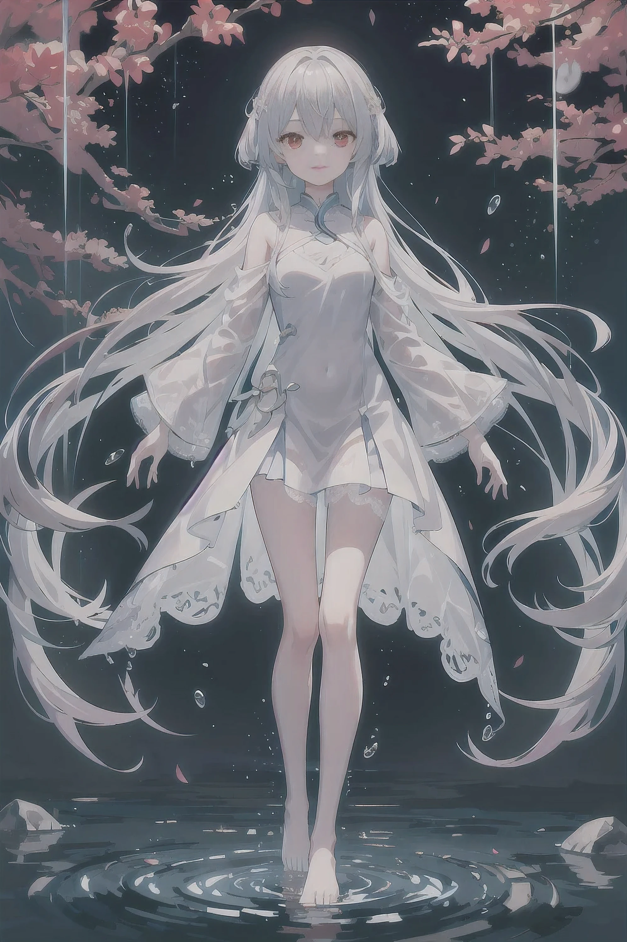 Dreamy beautiful moonlight in dark forest。View of a from above。(wet silver hair and red eyes)。smile slightly。She only wore a long transparent white cloth,It has beautiful lace trim on it。Soak the cloth in water。(splashing in the dark forest lake at night)。(Hair or clothes are wet)。splash。Wet hair。Dripping water droplets。梦幻般的萤火虫在空中float、Light also reflects from water。near method and far method。glitter effects。Dynamic composition with depth。extremely high quality、high level of image quality、extremely refined。Rare workmanship,round,Room, Strong breasts),barefoot,float,water surface,(long legs,long legs,long legs,Gestalt),full-body shot。standing posture