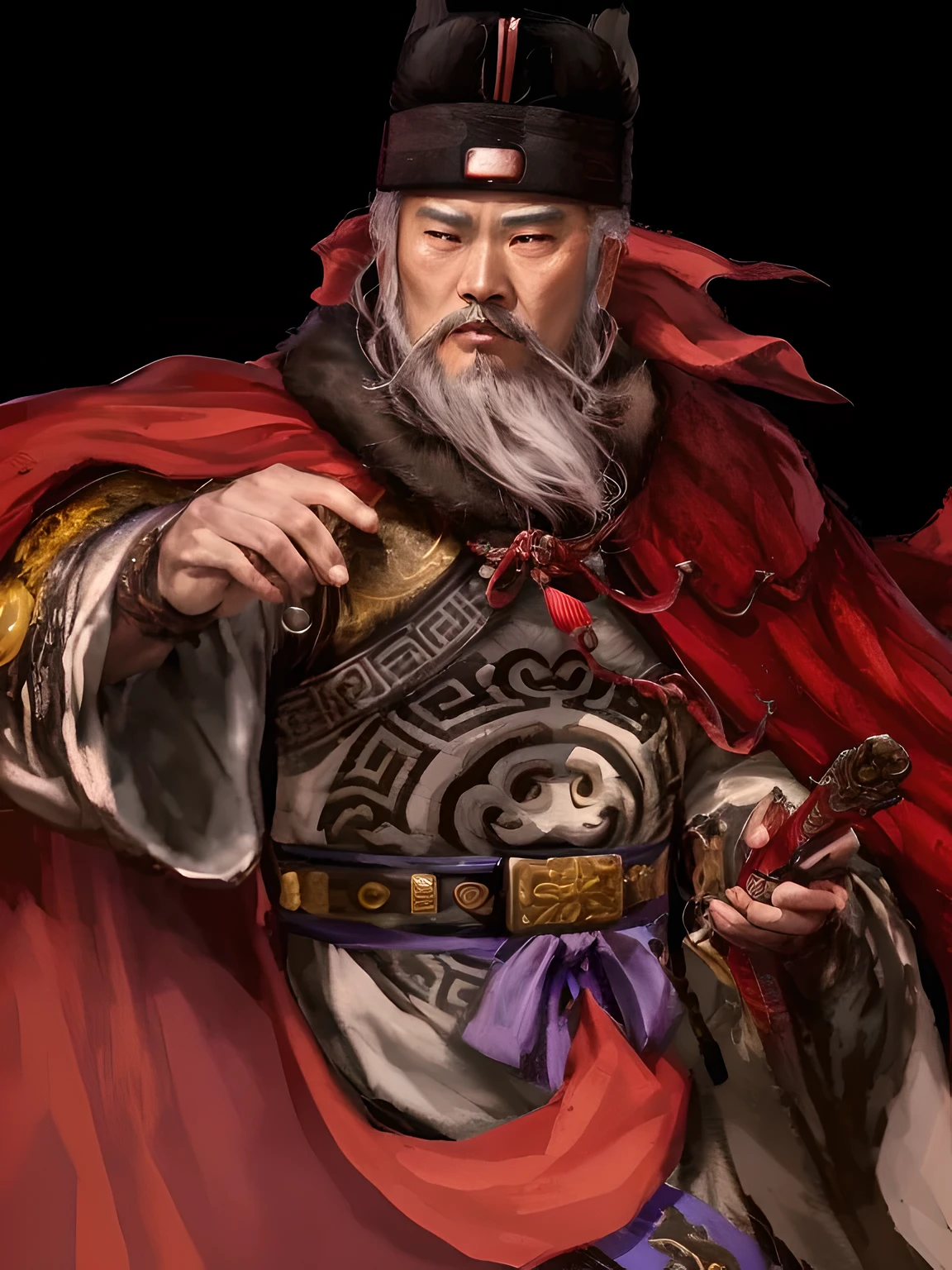 one with a beard、Arafad man in red cloak, Guan yu, Inspired by Hu Zaobin, bian lian, Inspired by Huang Shen, Inspired by Li Kan, Portrait of the Emperor, hua cheng, Inspired by Dong Yuan, author：Yang Borun, three kingdoms of china, feng shu, Inspired by Huang Ding, g liulian art style,Hold the sword in your left hand,There is a sword on the left