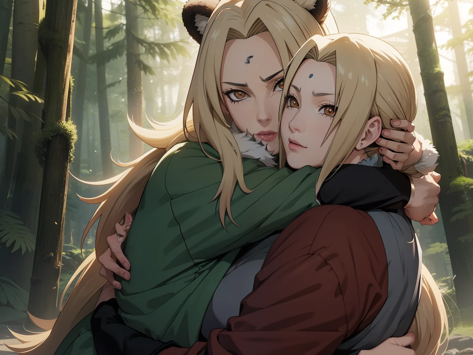 Genera una imagen digital de Tsunade, (el personaje femenino de Naruto), affectionately hugging a big, furry bear in a natural environment, (como un bosque). Tsunade should be smiling and showing affection towards the bear, mientras que el oso parece tranquilo y feliz. The scene should convey a feeling of warmth and friendship between the two characters, con detalles realistas en sus expresiones y gestos