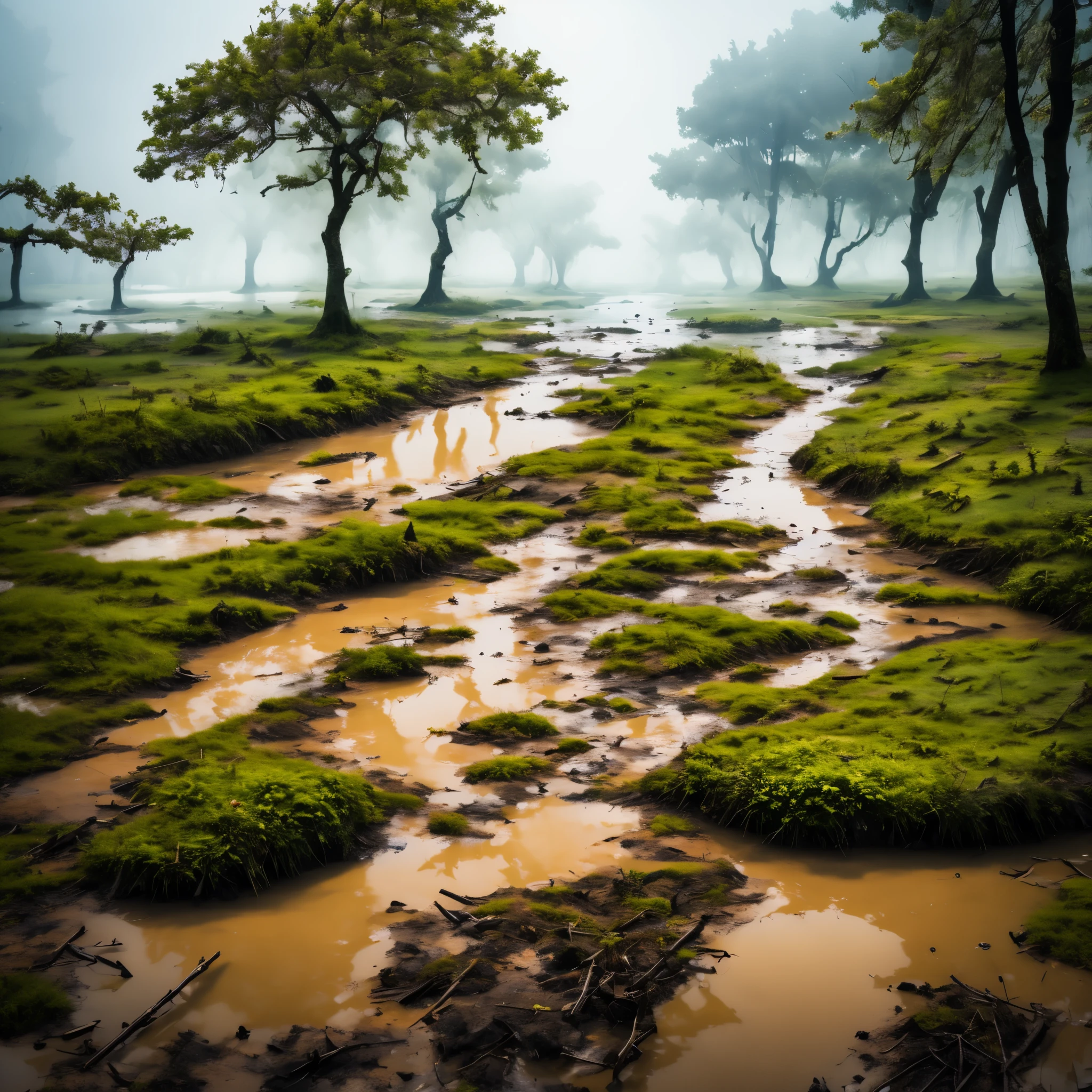 (masterpiece, best quality:1.2),  Clay, swamp, forest, grass, nature, fog, gross water