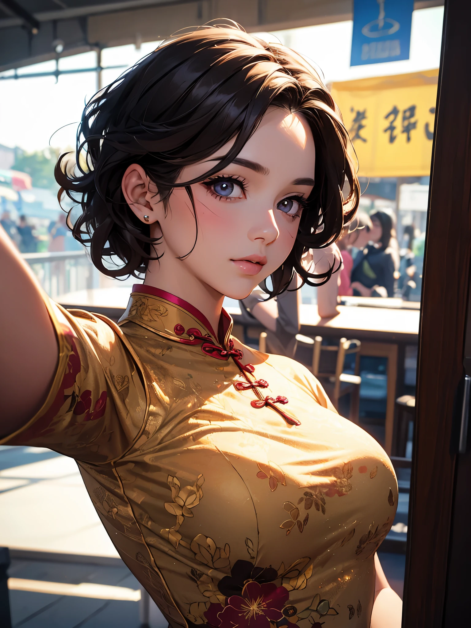 Girl in cheongsam, top lens,((Selfie)), random background, kiss, fair, French short curly hair, Tear nevus under left eye, medium breasts, Flirting look, ((Very detailed)), (Perfect facial details), (Detailed hands), realistic images.