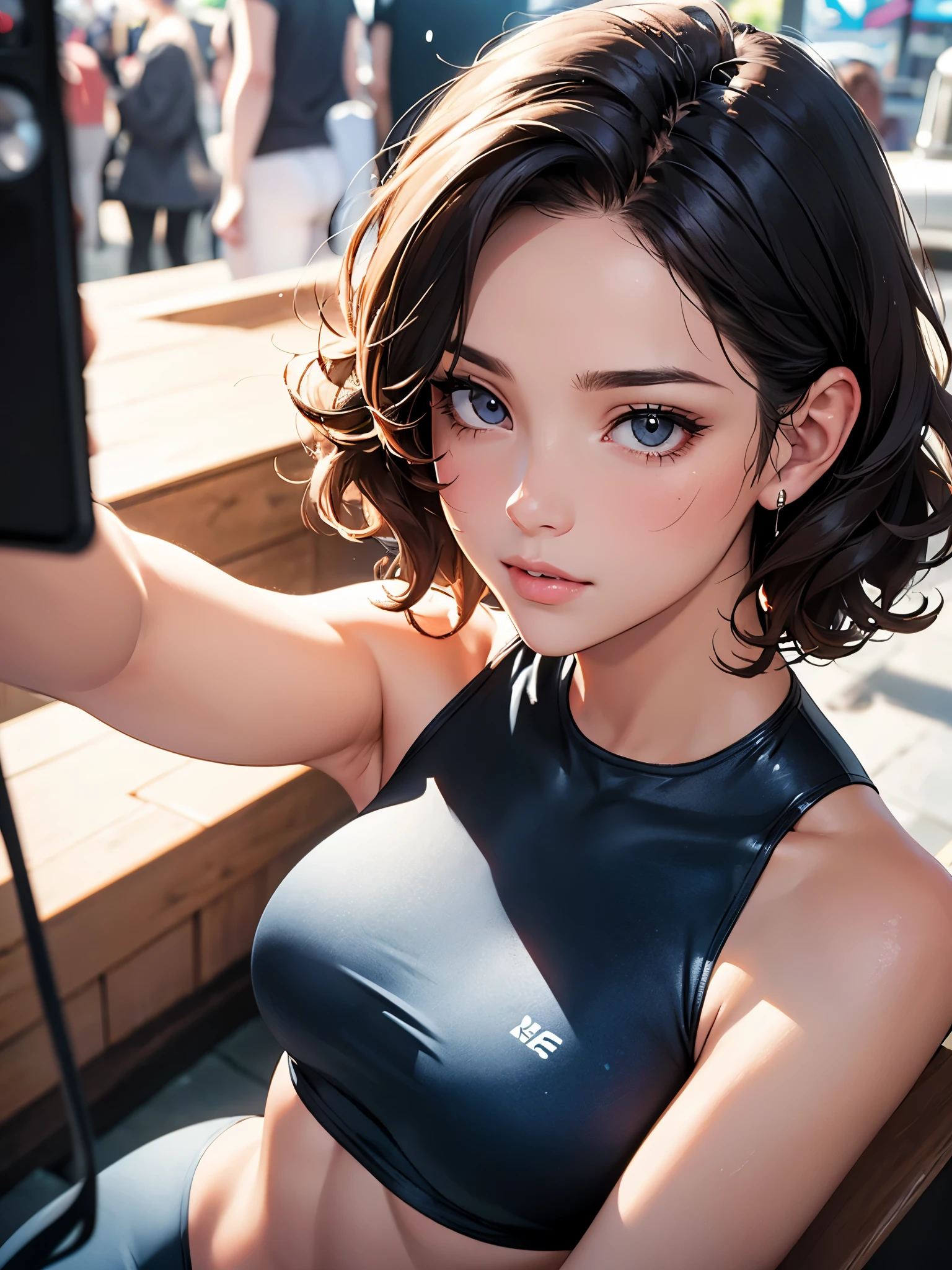 Girl in a swimsuit, top lens,((Selfie)), random background, kiss, fair, French short curly hair, Tear nevus under left eye, medium breasts, Flirting look, ((Very detailed)), (Perfect facial details), (Detailed hands), realistic images.