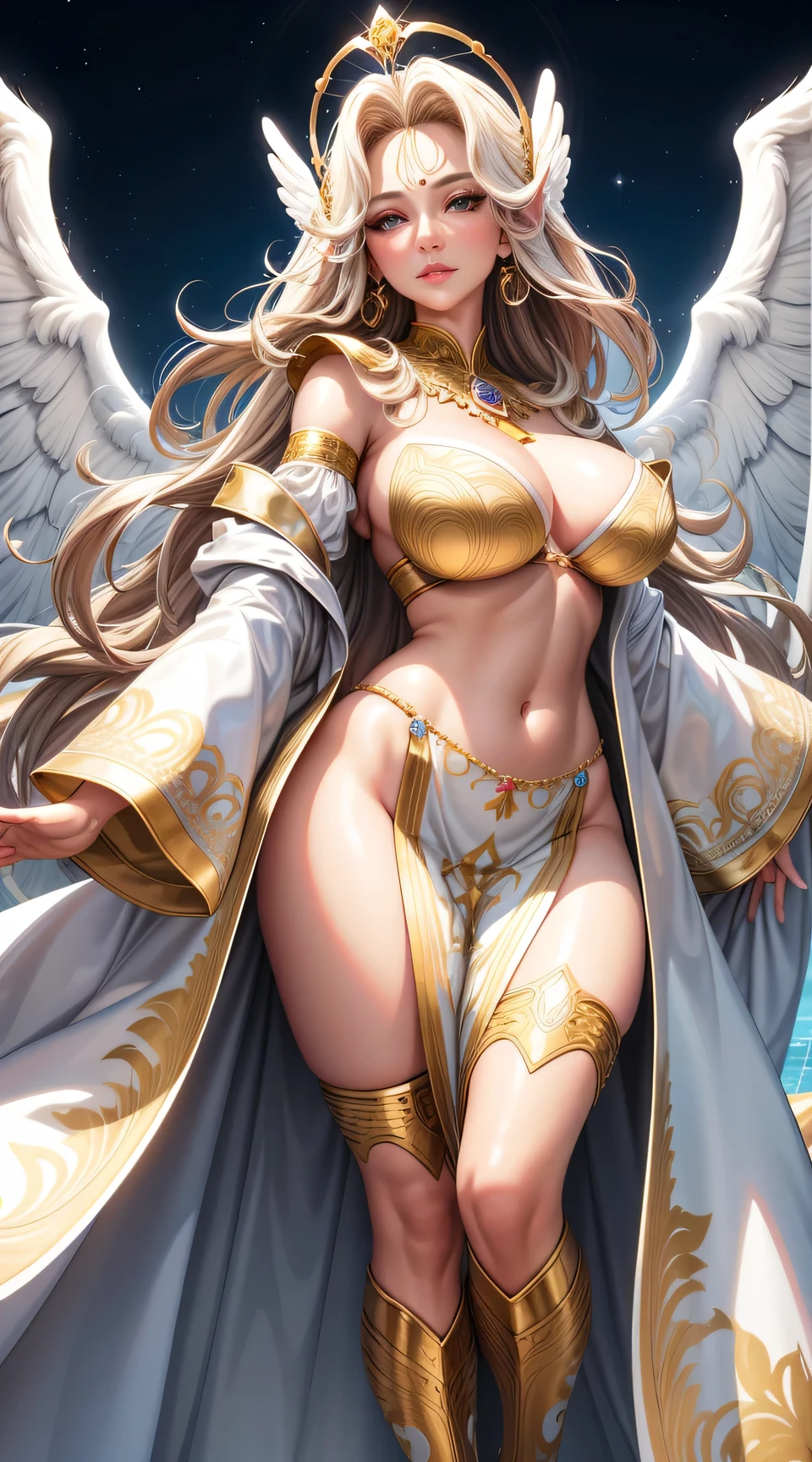 (best quality:1.5, highres, UHD, 4K, detailed lighting, shaders), gold afro haired, gradient hair, large breasts, white bra,white string, royal white long coat, extra large two red angel wings, two big wings, perfect detailed eyes, perfect detailed fingers, mature woman , (pov), white background, colorful eyeshadow, dramatic lighting, sparkling eyes, sensual expression, golden earrings, flowing hair, delicate facial features, soft skinned, high cheekbones, urban setting, white background, dont look for the camera, lean forward, full body,