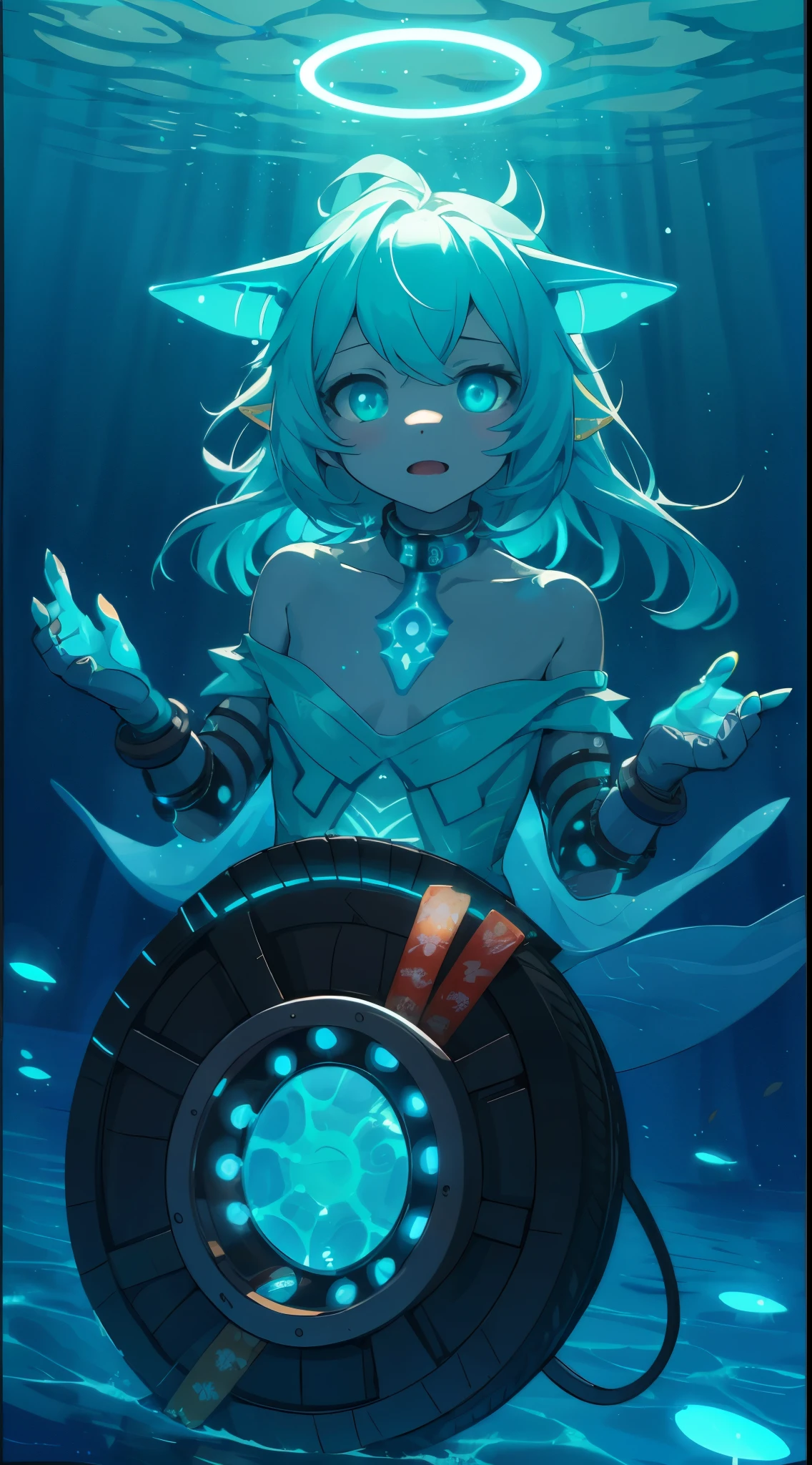 ((Bestquality))((Masterpiece))((realisti))portraits, 1girle, celestial bodies, GOD, goddess, Light particles, Halo, looks at the viewer, Firm eyes, Bare Shoulders, Chest tube parietal, Poker face(bioluminescense:0.9, girls:0.5)Ocean, bioluminescense, full of energy, colorful, colour(bioluminescence, bioluminescence)(Beautiful compositionCinematic Lights, Wheels within wheels(symmetric:0.5 girls)Whimsical，