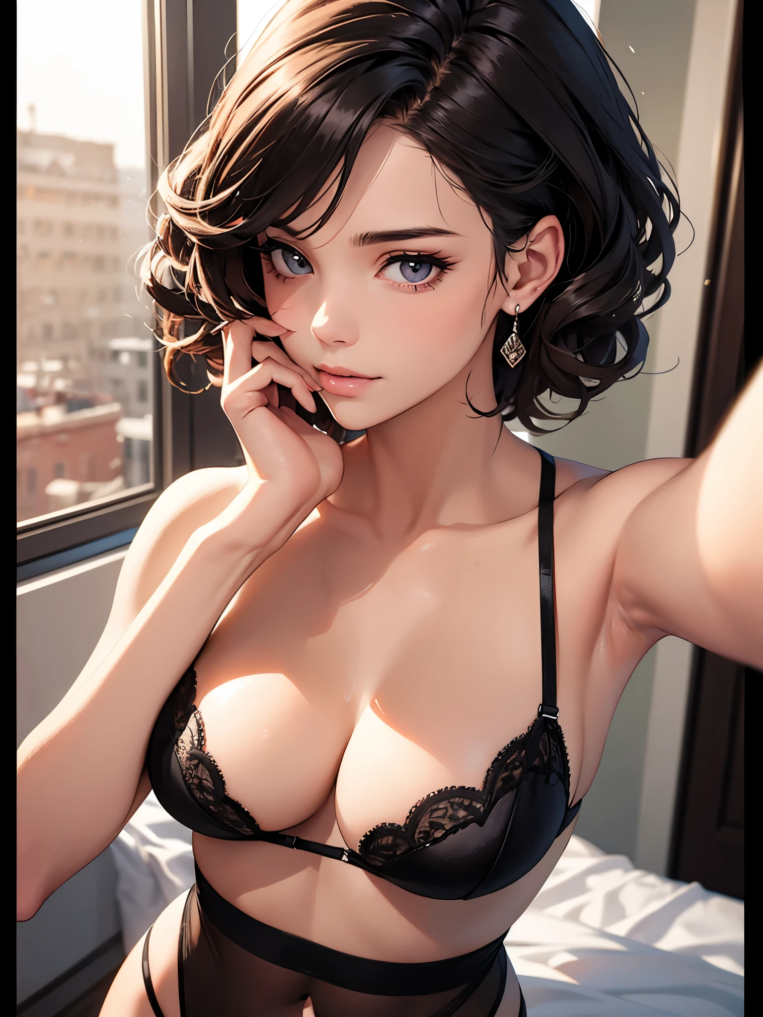 girl in lingerie, top lens,((Selfie)), random background, kiss, fair, French short curly hair, Tear nevus under left eye, medium breasts, Flirting look, ((Very detailed)), (Perfect facial details), (Detailed hands), realistic images.