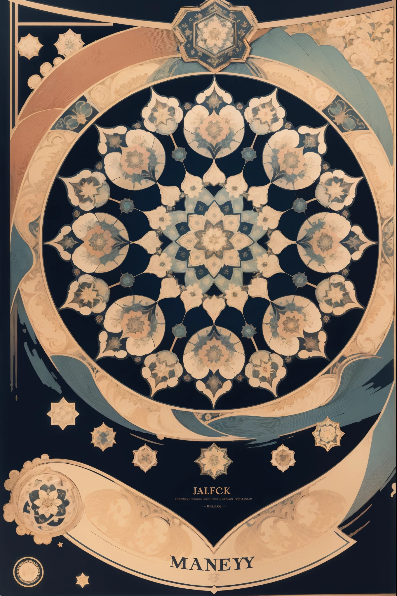 cover page, Perfume poster, kaleidoscope, rzminjourney, vector-art, High-quality illustrations by Alfons Mucha, masterpiece(textile)logo mark, round, colorful flower,