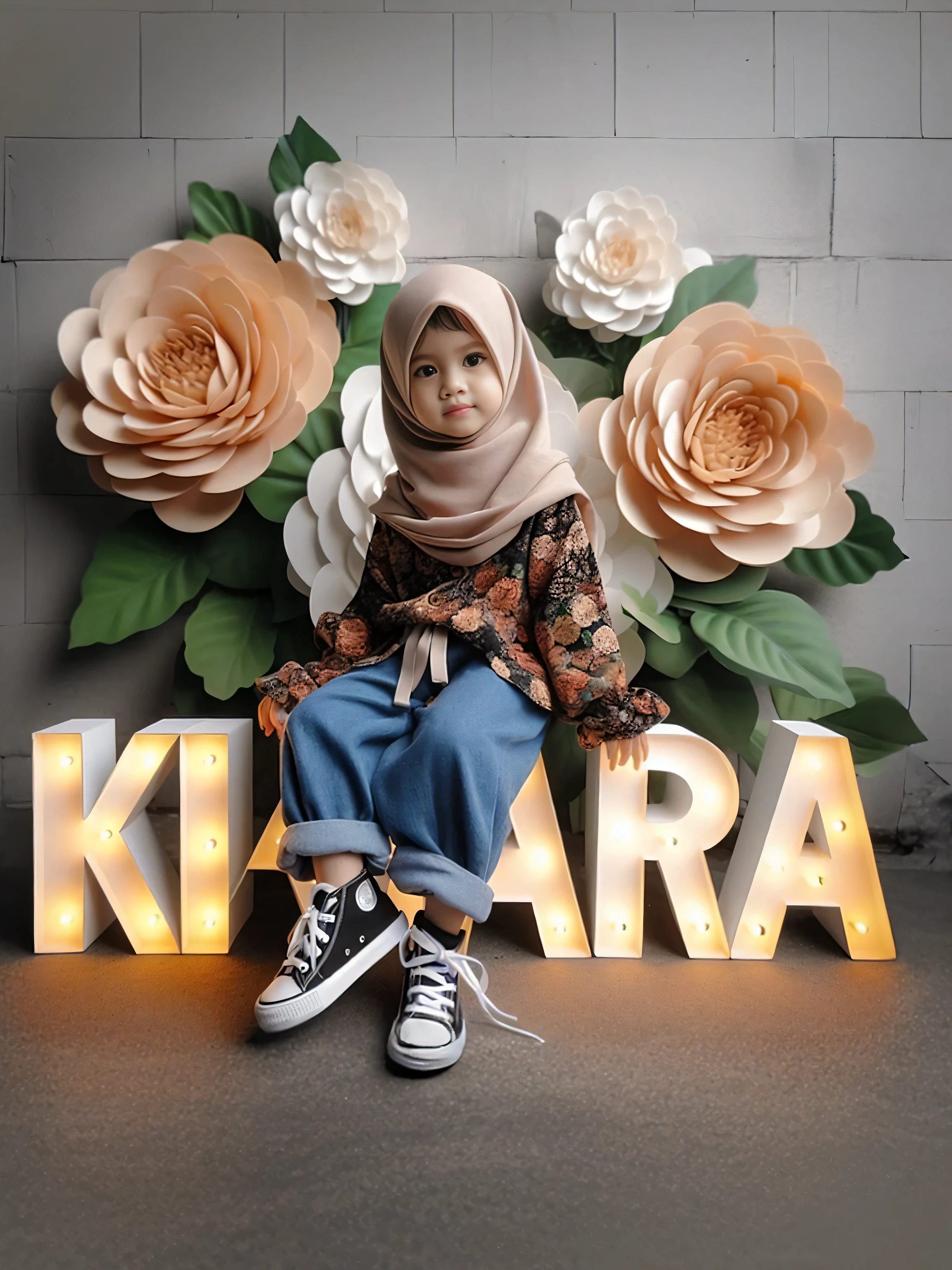 there is a young girl sitting on a bench with a large sign, inspired by Naza, hijab, dj sura, katelynn mini cute style, kawaai, album art, backdrop, instagram picture, sahara, inspired by Sarper Baran, inspired by Ibrahim Kodra, 🤬 🤮 💕 🎀, ( ready - made )