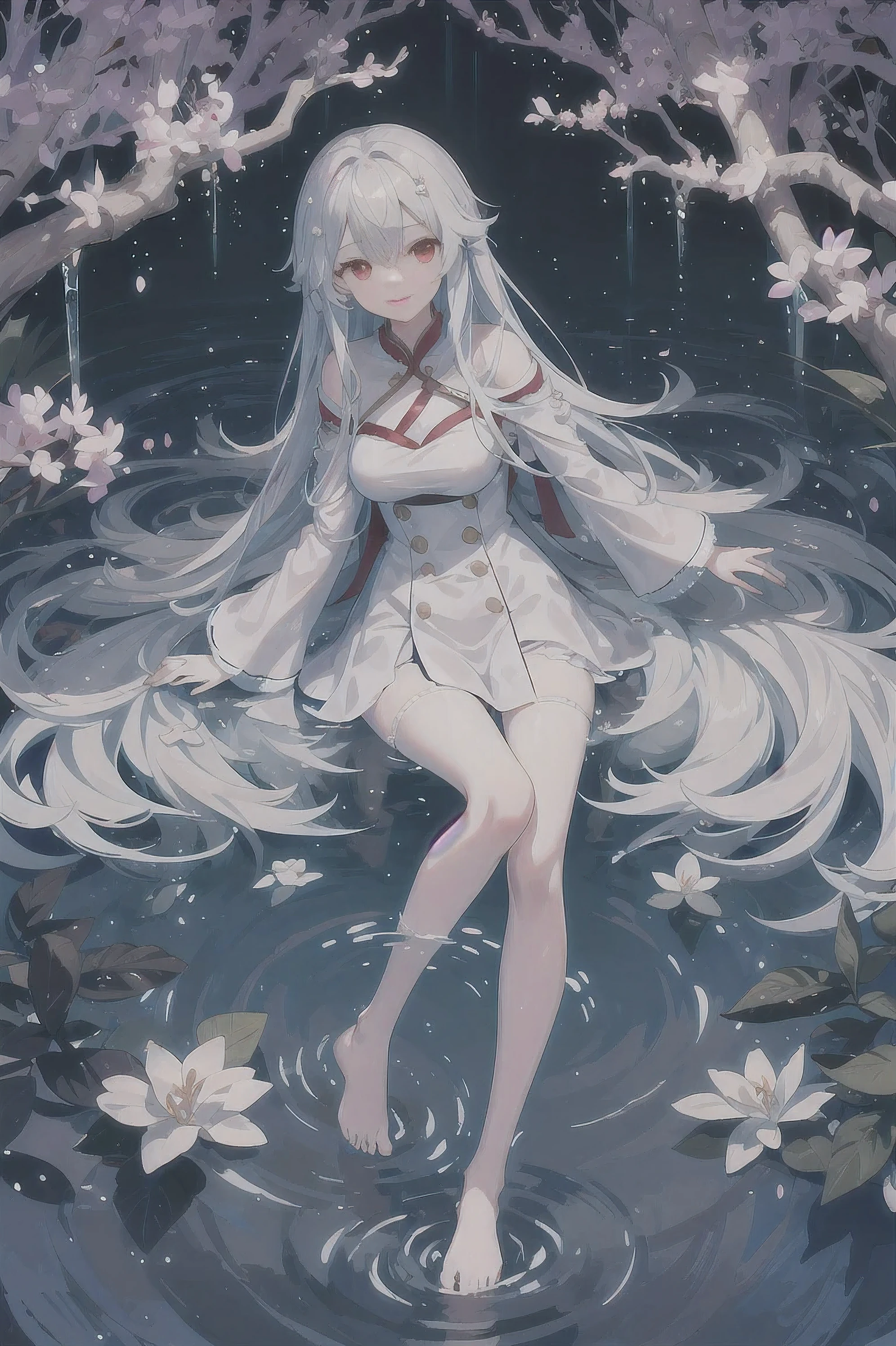 Dreamy beautiful moonlight in dark forest。View of a 15-year-old girl from above。(wet silver hair and red eyes)。smile slightly。She only wore a long transparent white cloth，It has beautiful lace trim on it。Soak the cloth in water。(splashing in the dark forest lake at night)。(Hair or clothes are wet)。splash。Wet hair。Dripping water droplets。梦幻般的萤火虫在空中float、Light also reflects from water。near method and far method。glitter effects。Dynamic composition with depth。extremely high quality、high level of image quality、extremely refined。Rare workmanship，round,Room, Strong breasts），barefoot，float，water surface，（long legs，long legs，long legs，Gestalt），full-body shot。Lie down in the position